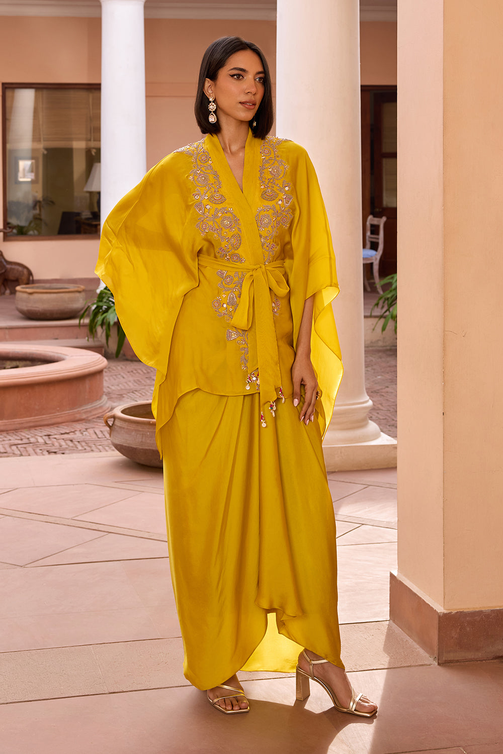 Yellow embroidered kaftan top with drape skirt and belt