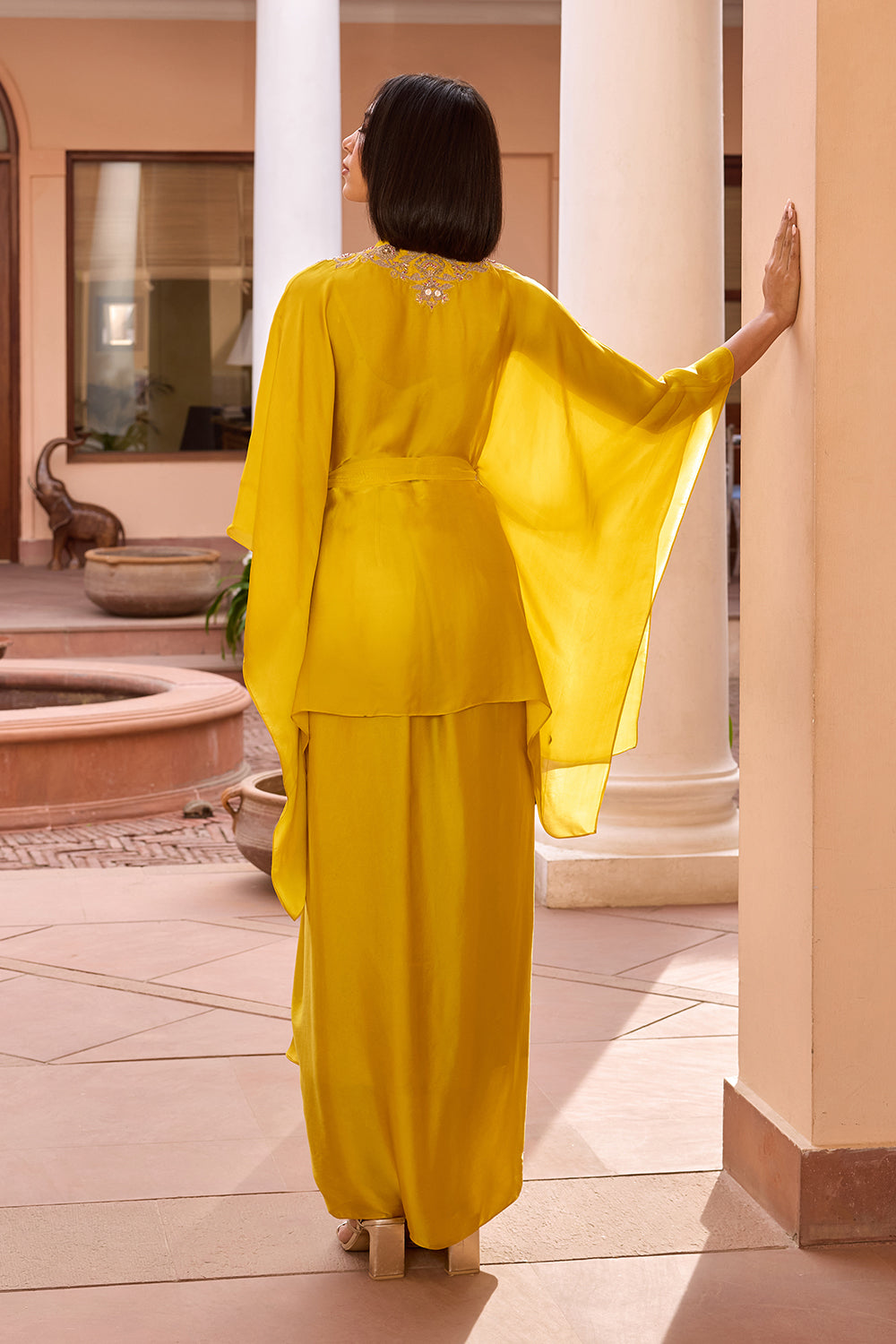 Yellow embroidered kaftan top with drape skirt and belt