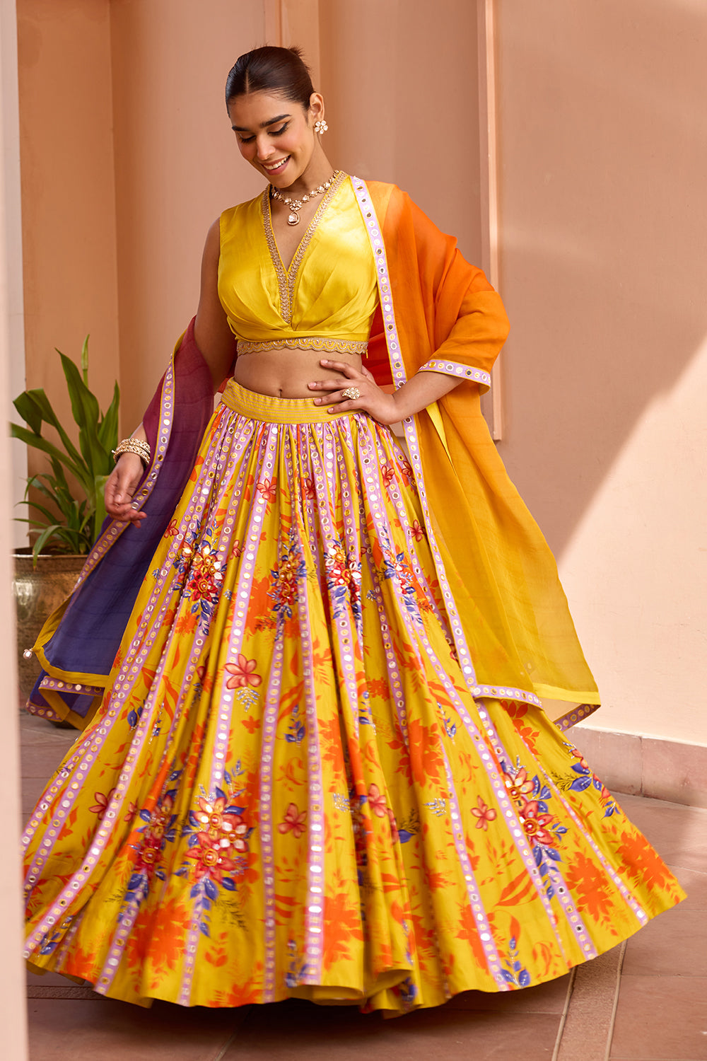 Yellow printed and embroidered lehenga set