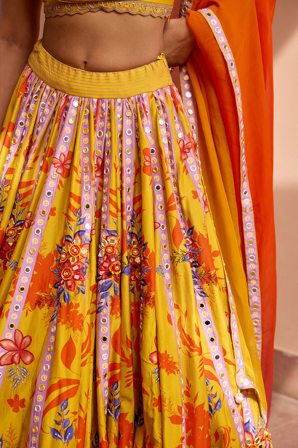 Yellow printed and embroidered lehenga set