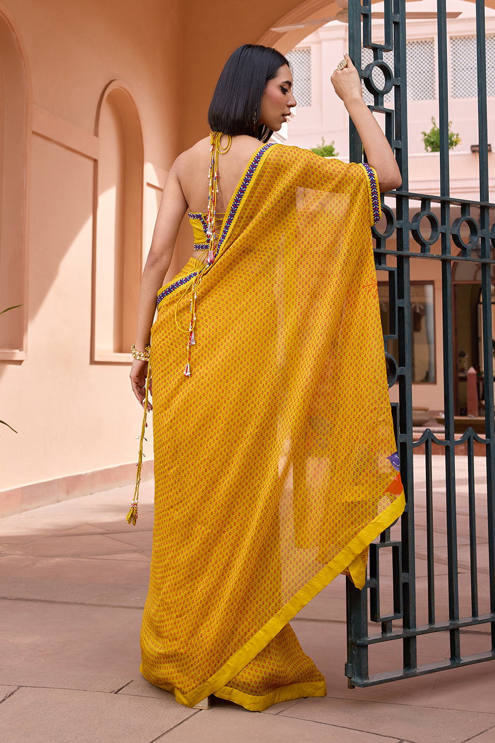Yellow printed and embroidered pre stitched saree set