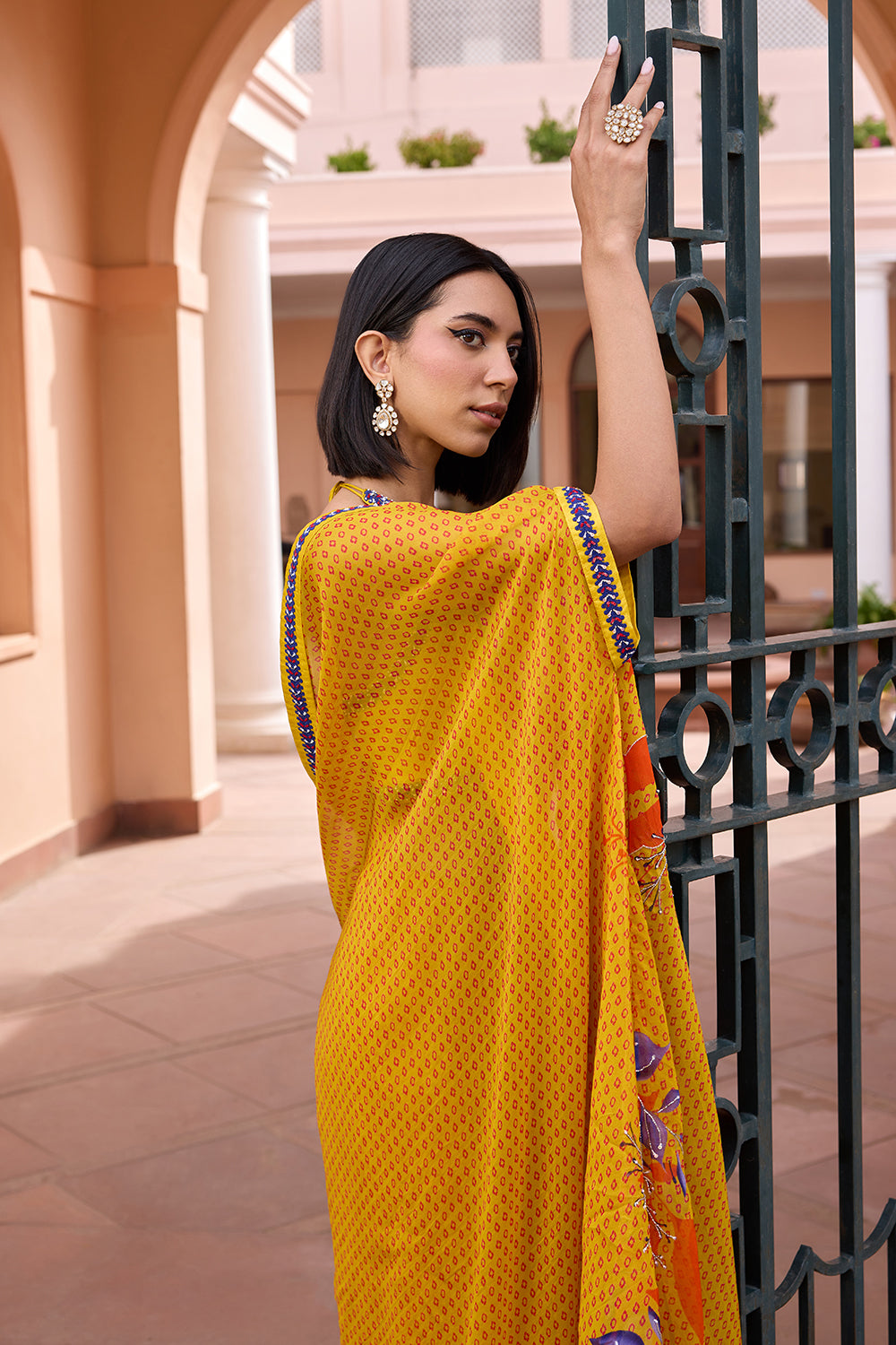 Yellow printed and embroidered pre stitched saree set