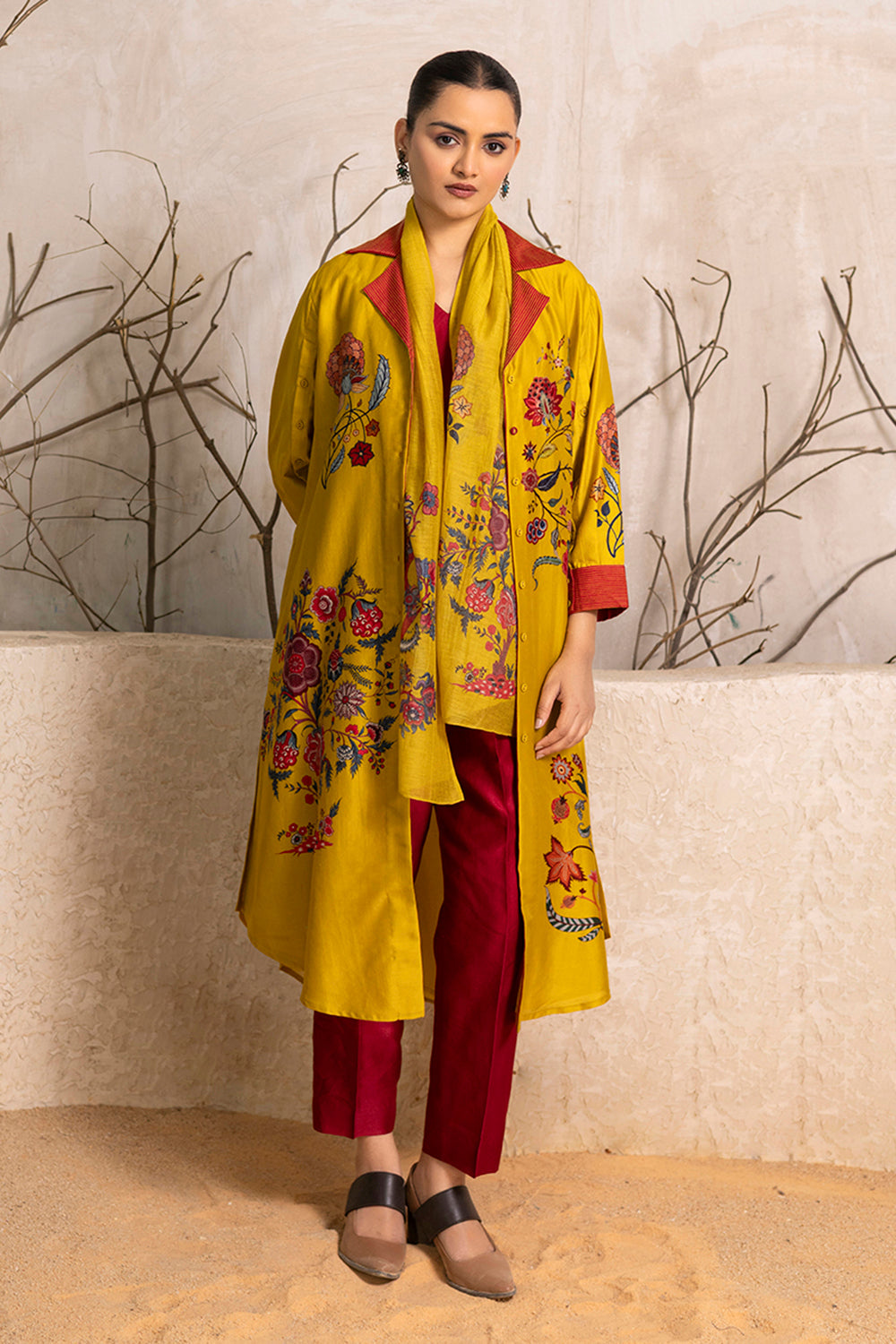 Yellow Silk Chanderi Chintz Printed Front Open Dress
