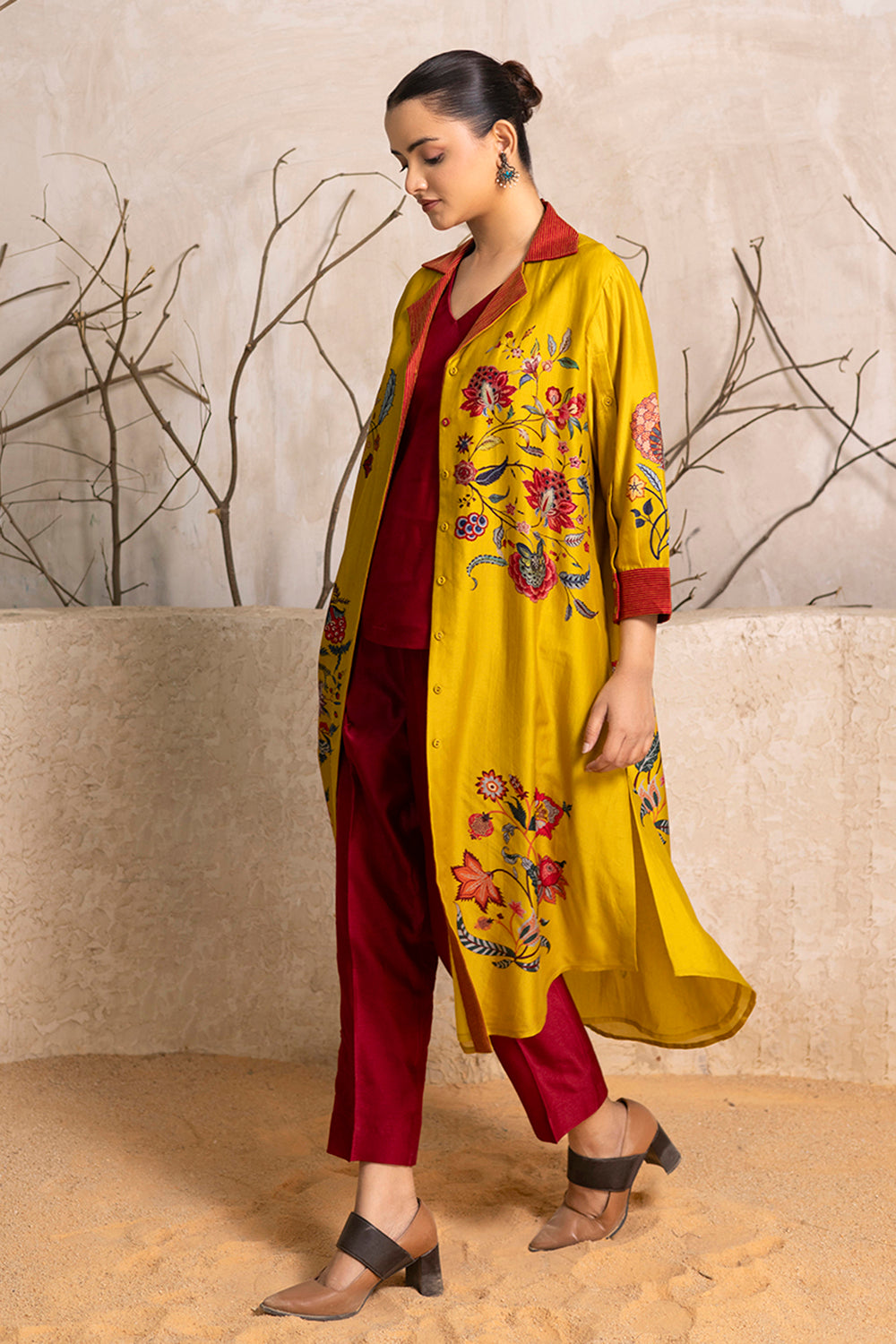 Yellow Silk Chanderi Chintz Printed Front Open Dress