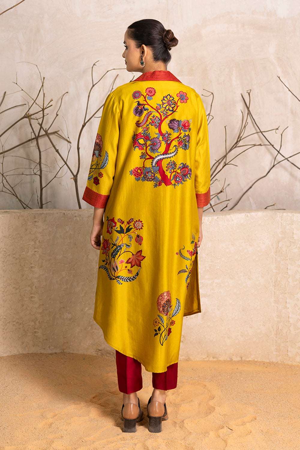 Yellow Silk Chanderi Chintz Printed Front Open Dress