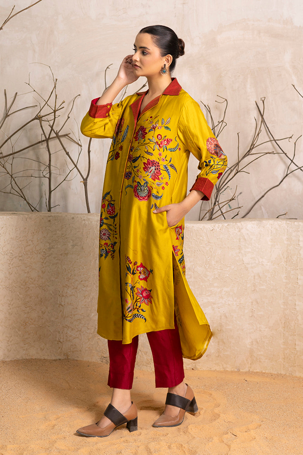 Yellow Silk Chanderi Chintz Printed Front Open Dress