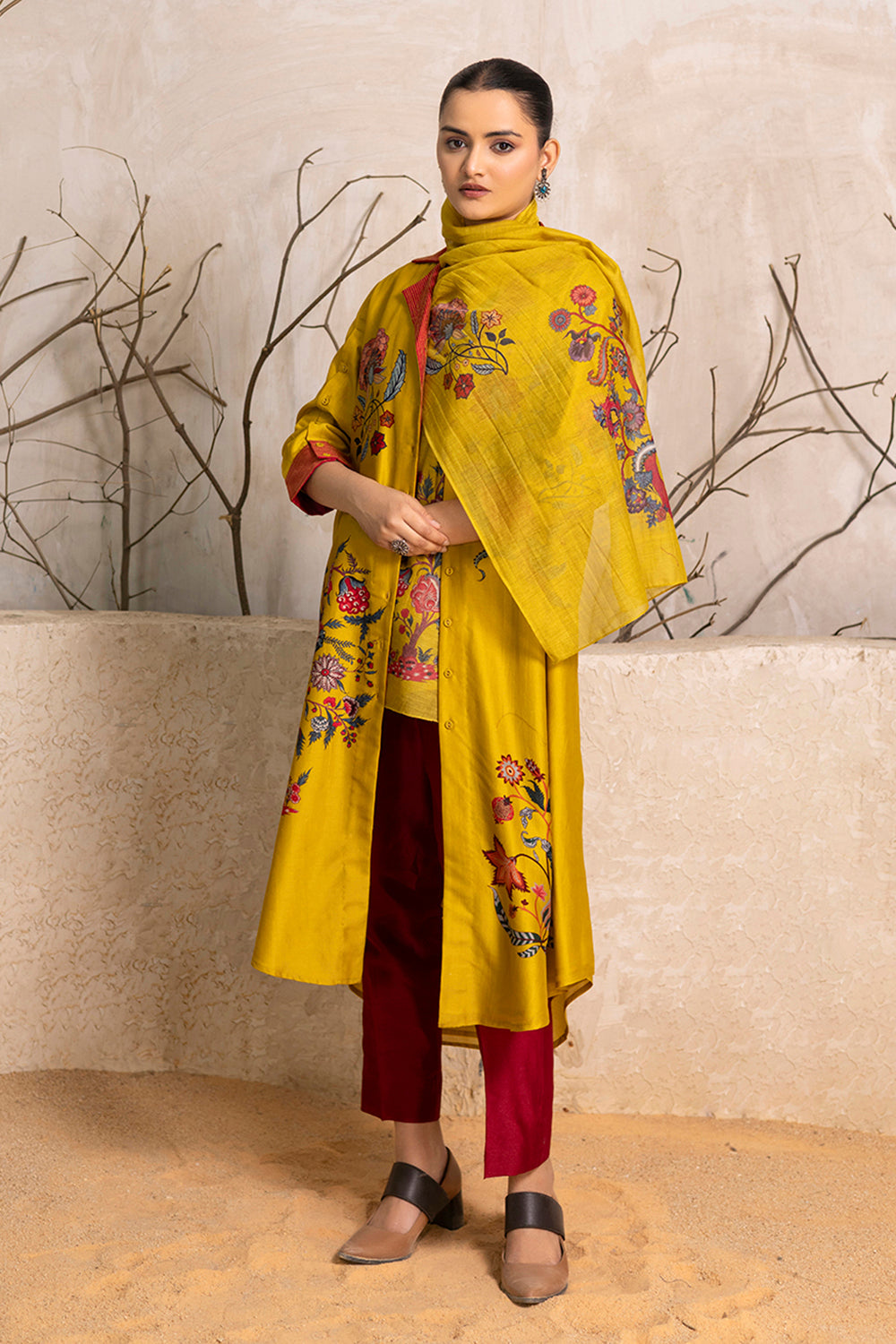 Yellow Silk Chanderi Chintz Printed Front Open Dress