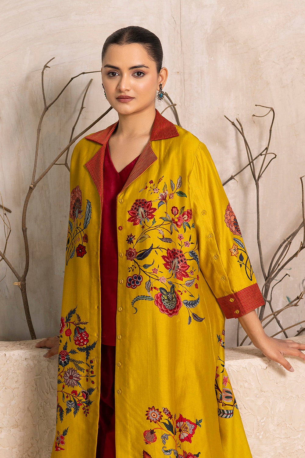 Yellow Silk Chanderi Chintz Printed Front Open Dress