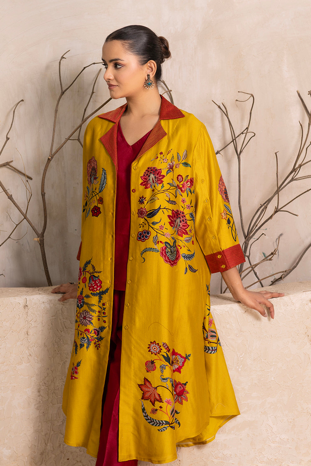 Yellow Silk Chanderi Chintz Printed Front Open Dress