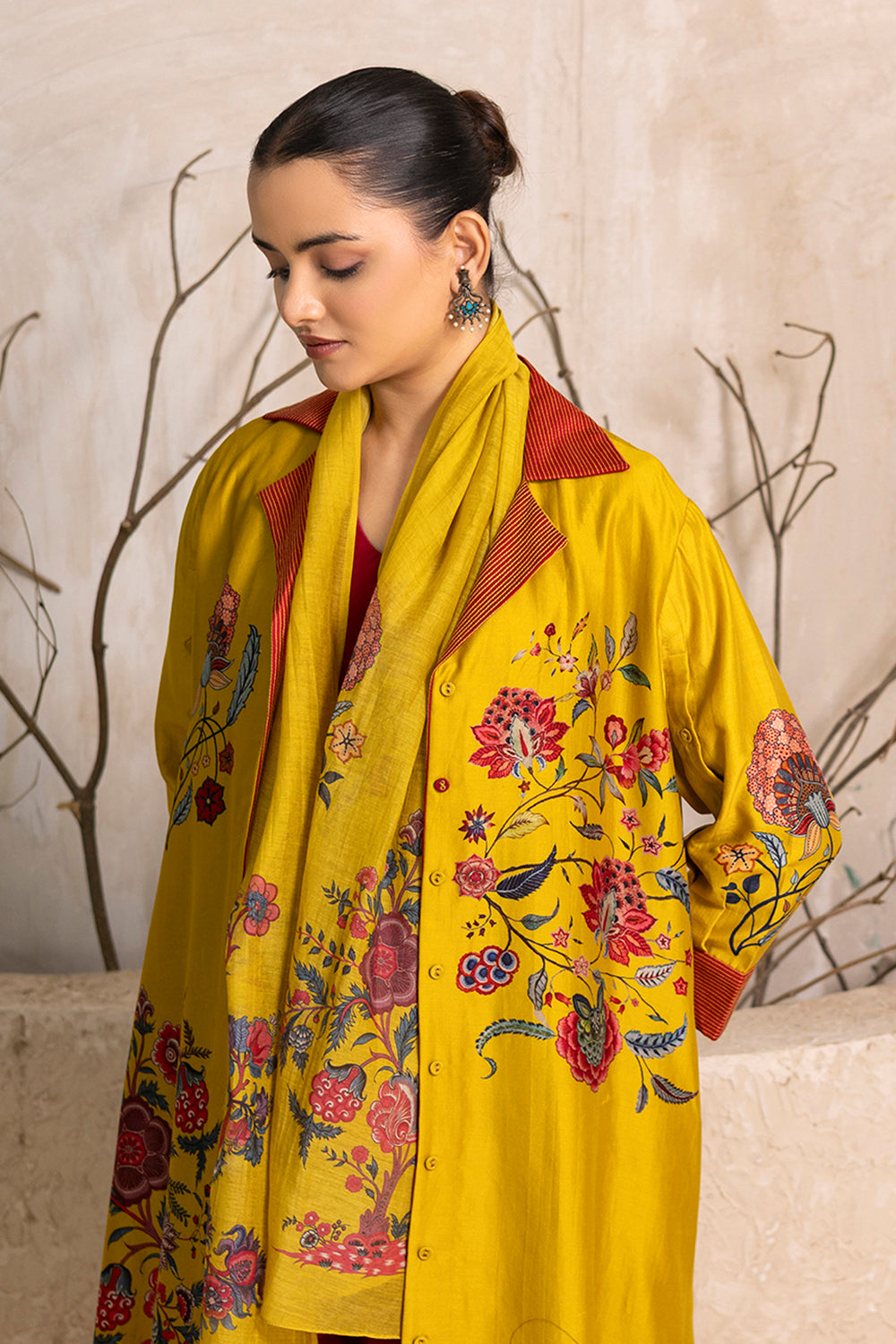 Yellow Silk Chanderi Chintz Printed Front Open Dress