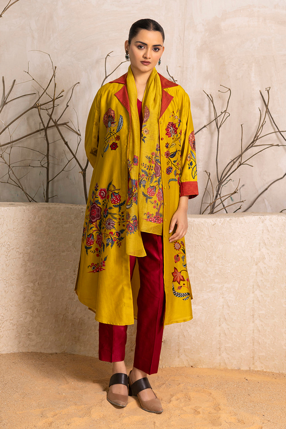 Yellow Silk Chanderi Chintz Printed Stole