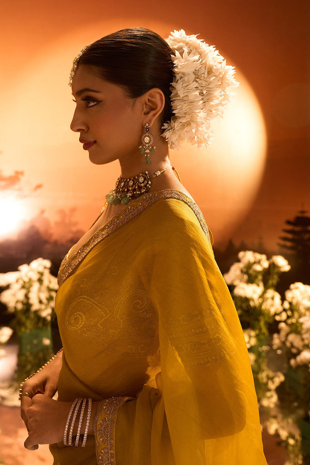 Yellow Silk Chanderi Embroidered Saree Set