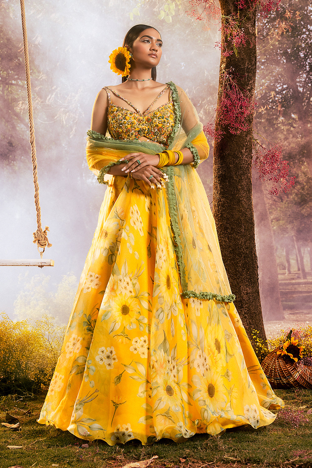 Yellow Sunflower Printed Organza Lehenga