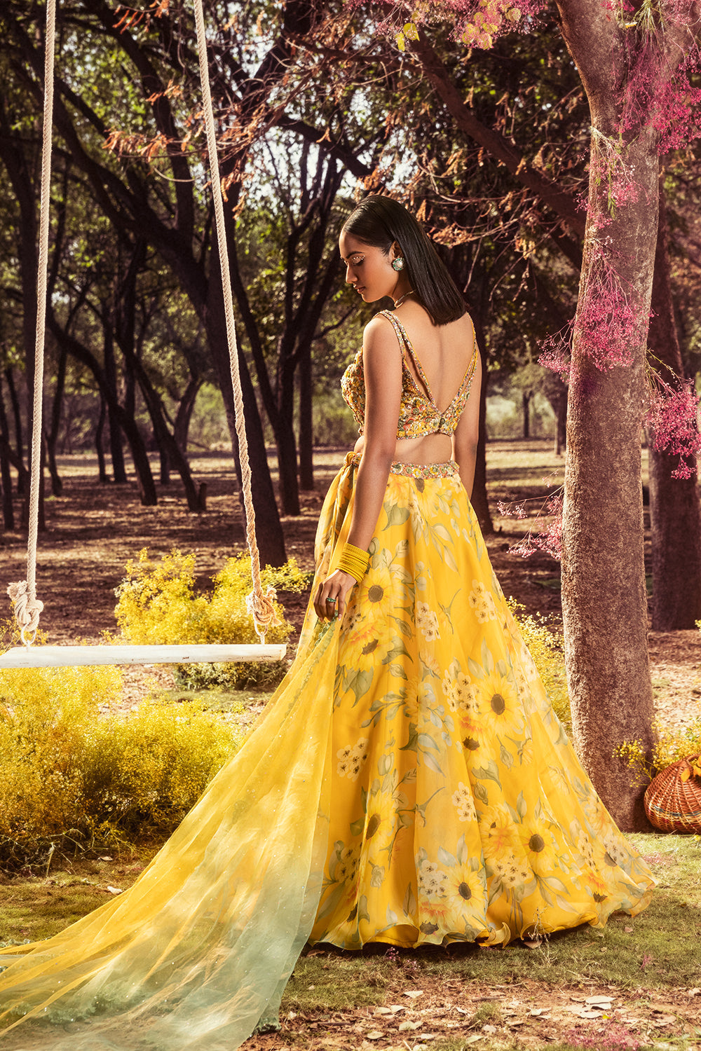 Yellow Sunflower Printed Organza Lehenga