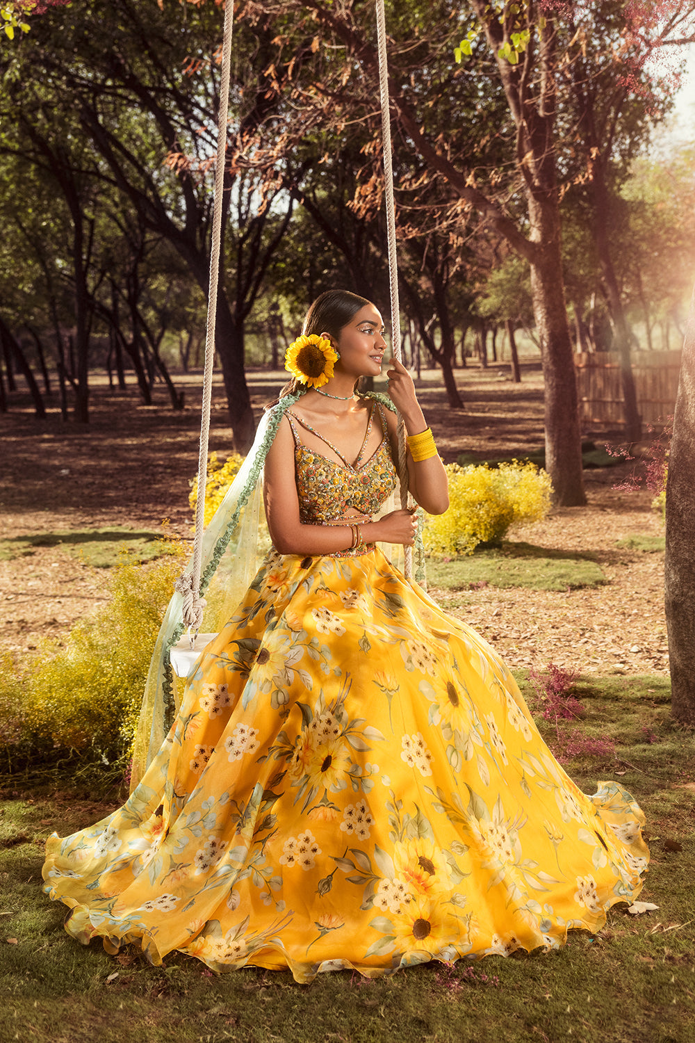 Yellow Sunflower Printed Organza Lehenga