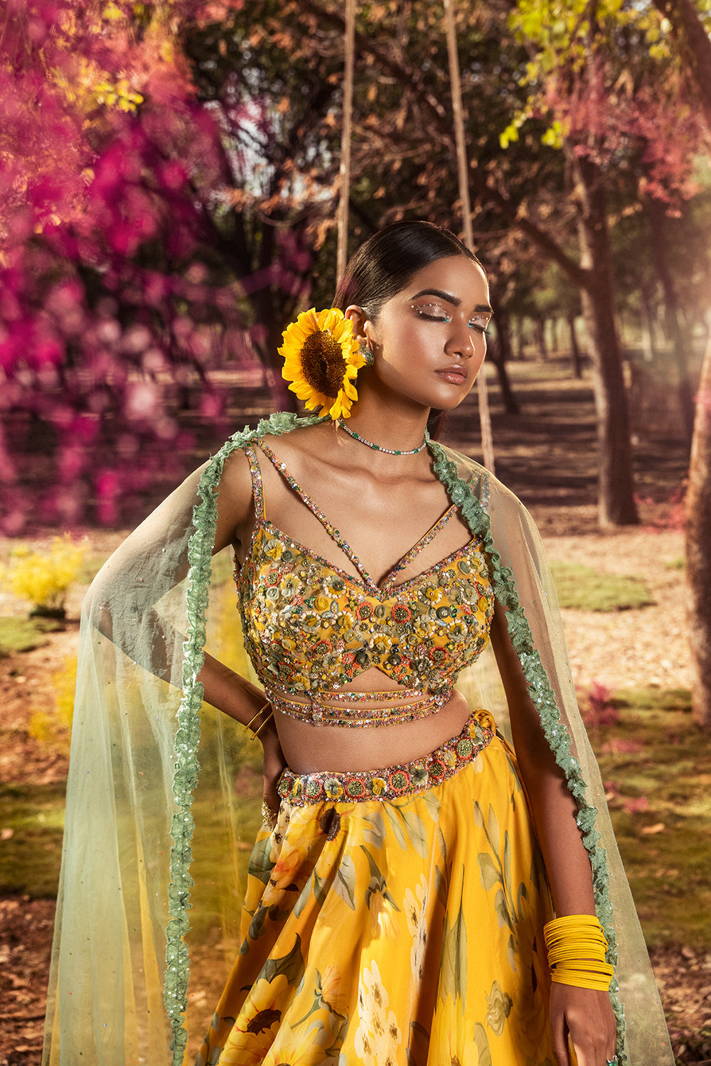 Yellow Sunflower Printed Organza Lehenga