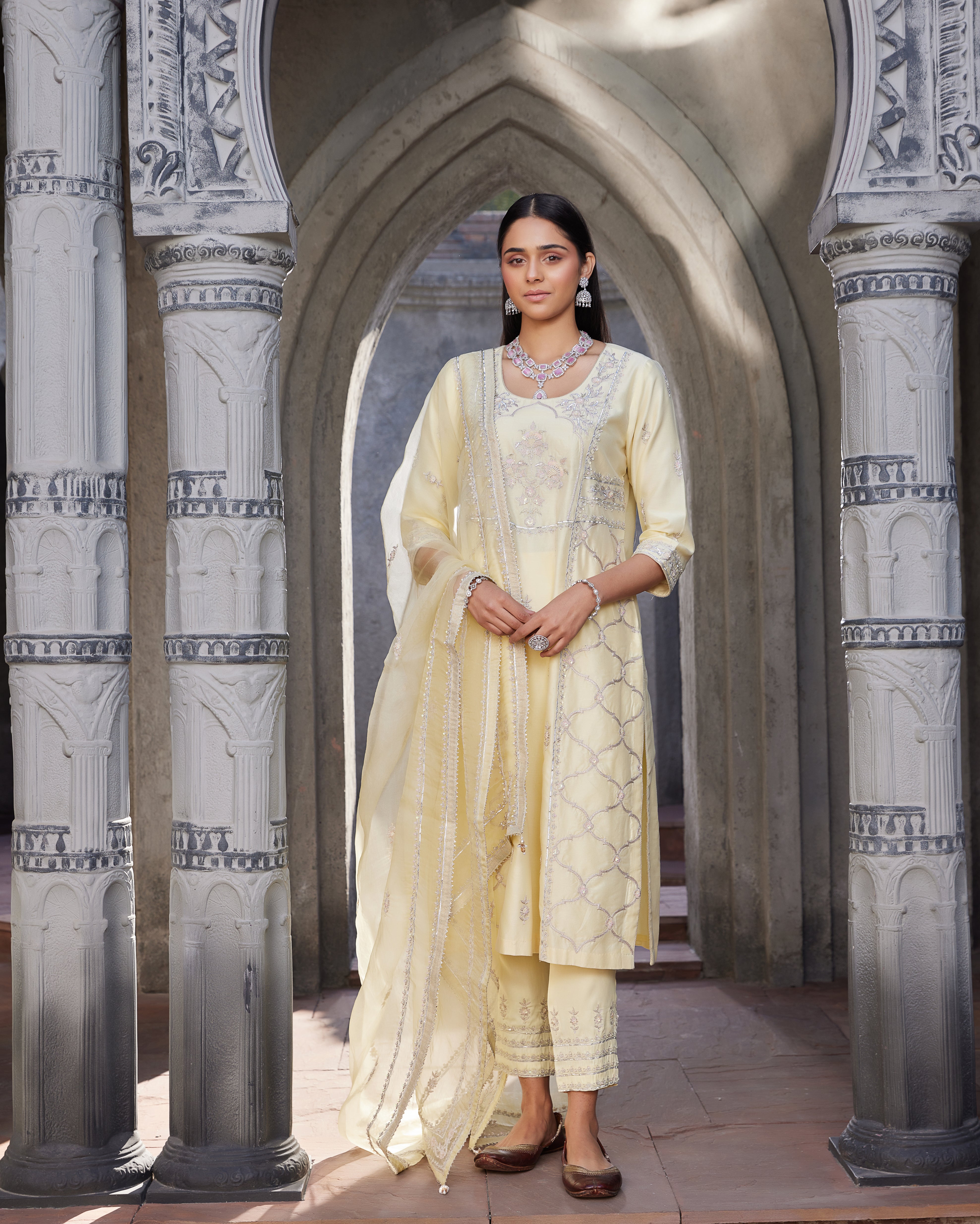 Yellow embroidered chanderi suit set