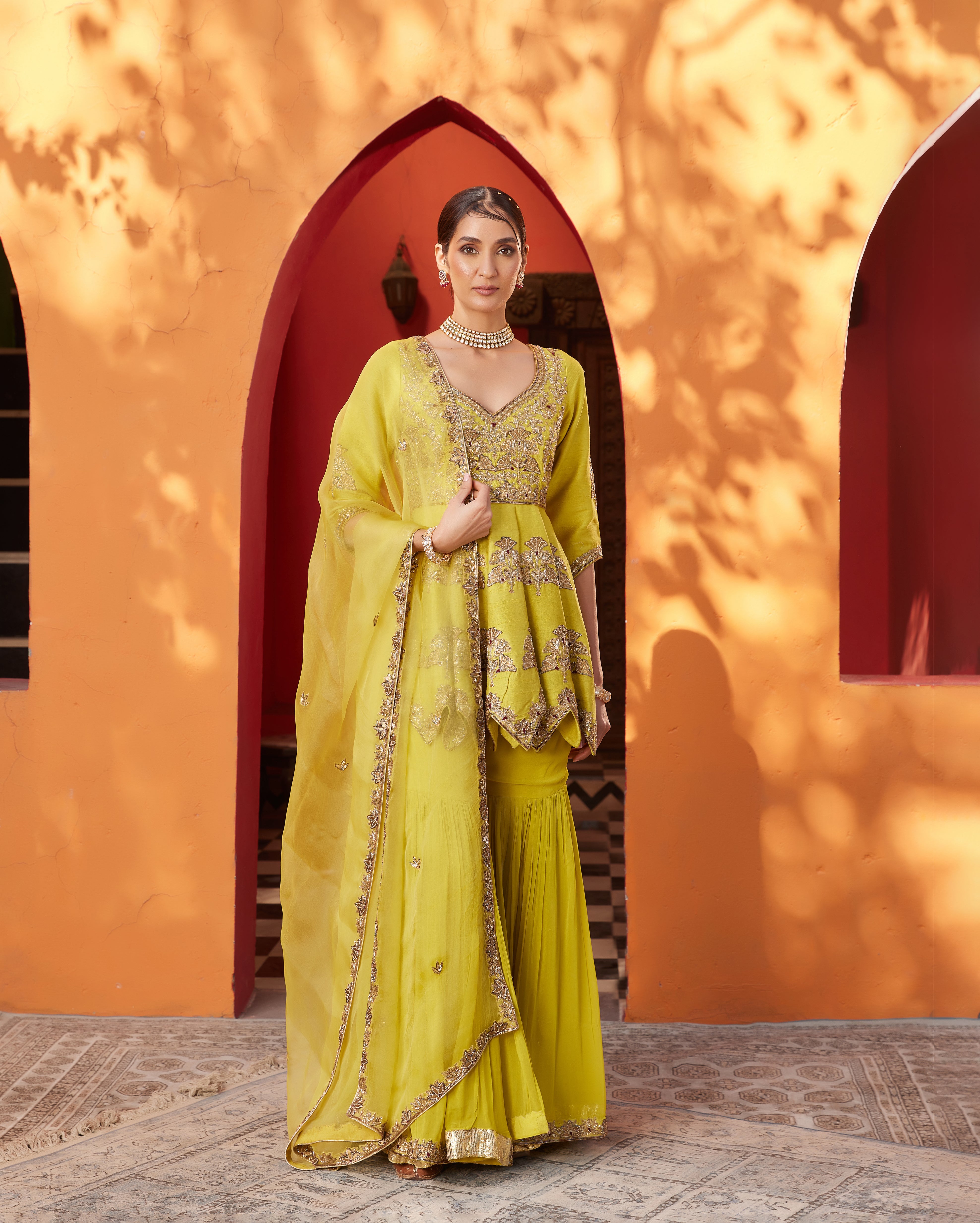 Yellow embroidered raw silk kurta sharara set