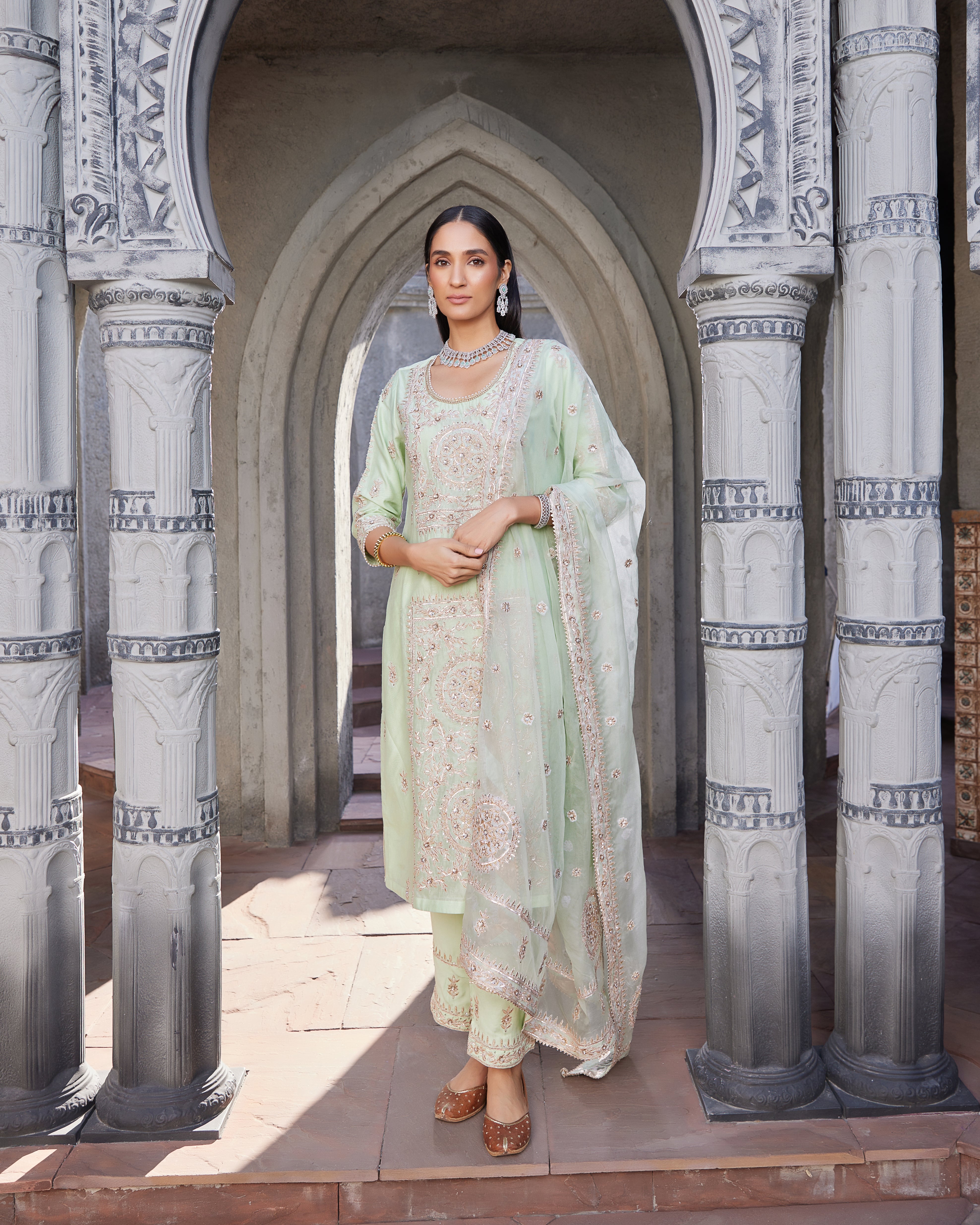 Mint Green embroidered chanderi suit set