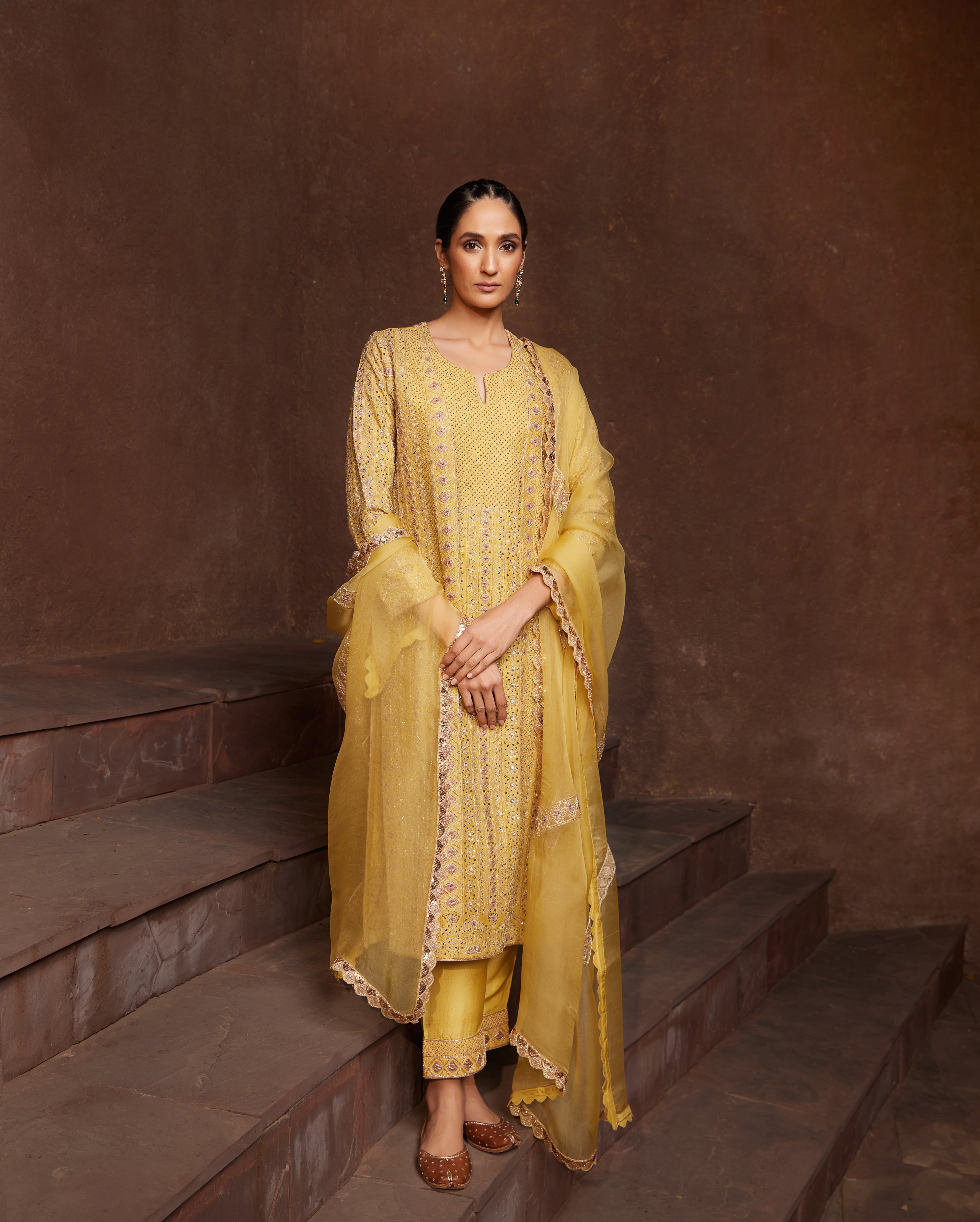 Mustard embroidered crepe suit set
