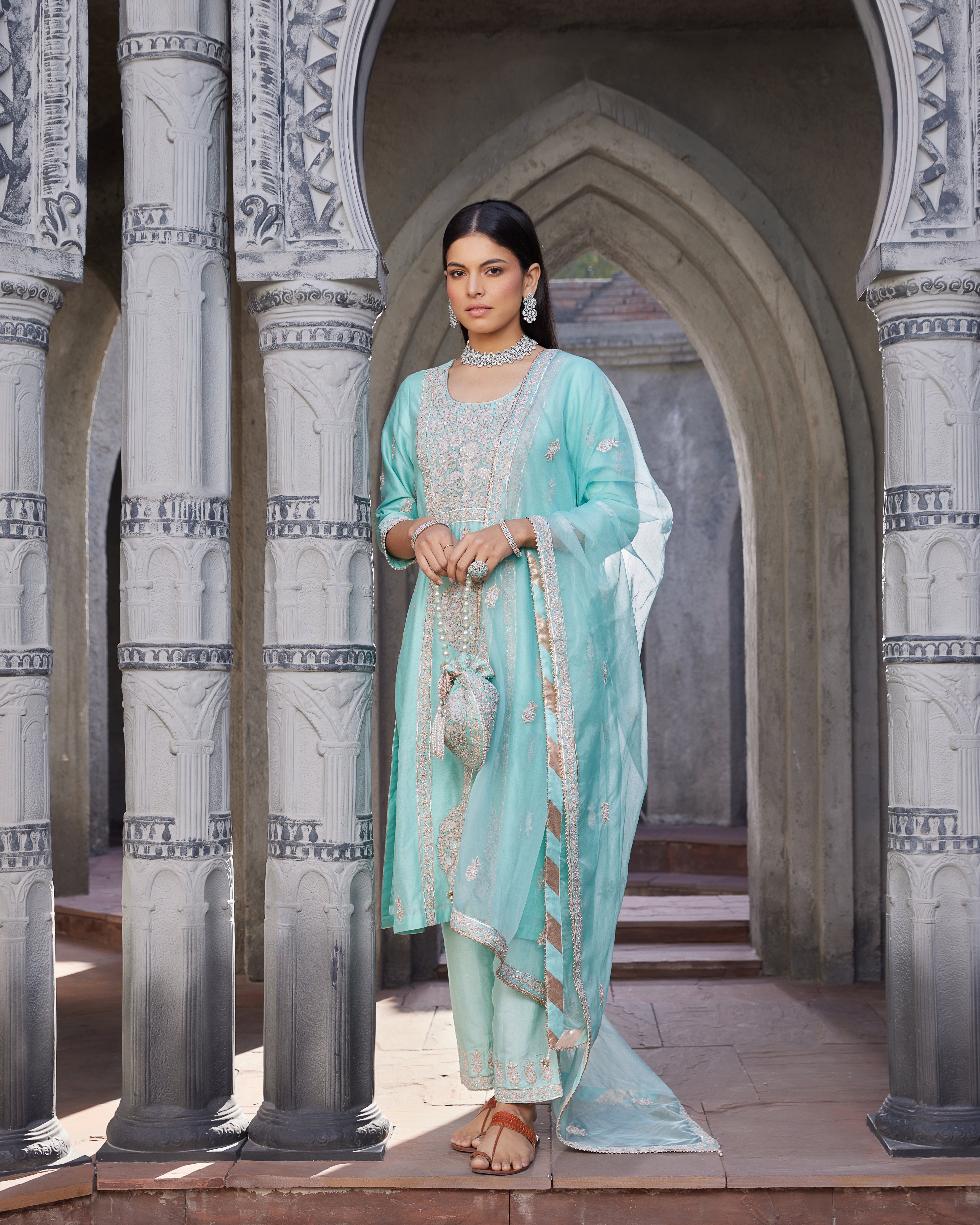 Turquoise embroidered chanderi suit set