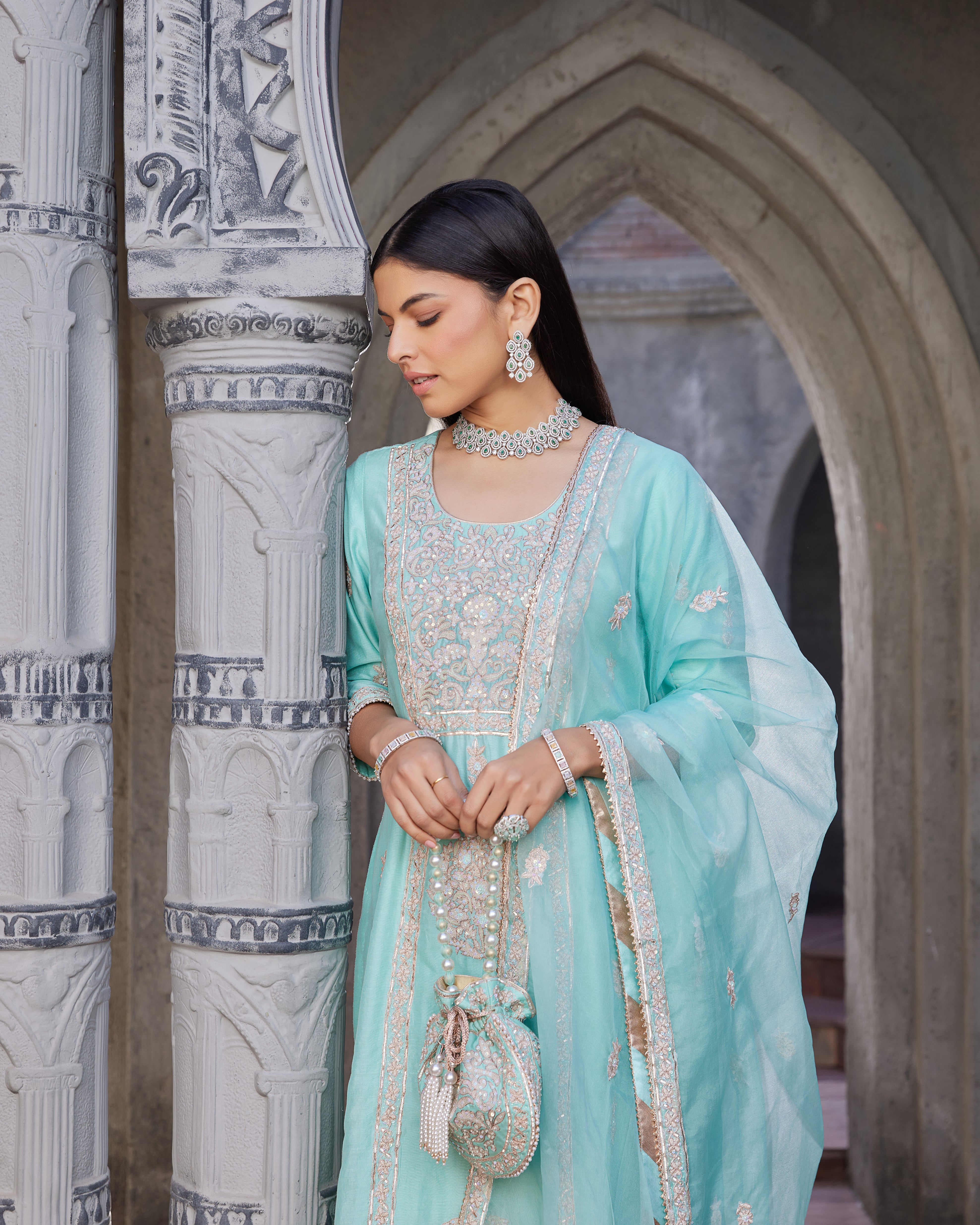 Turquoise embroidered chanderi suit set
