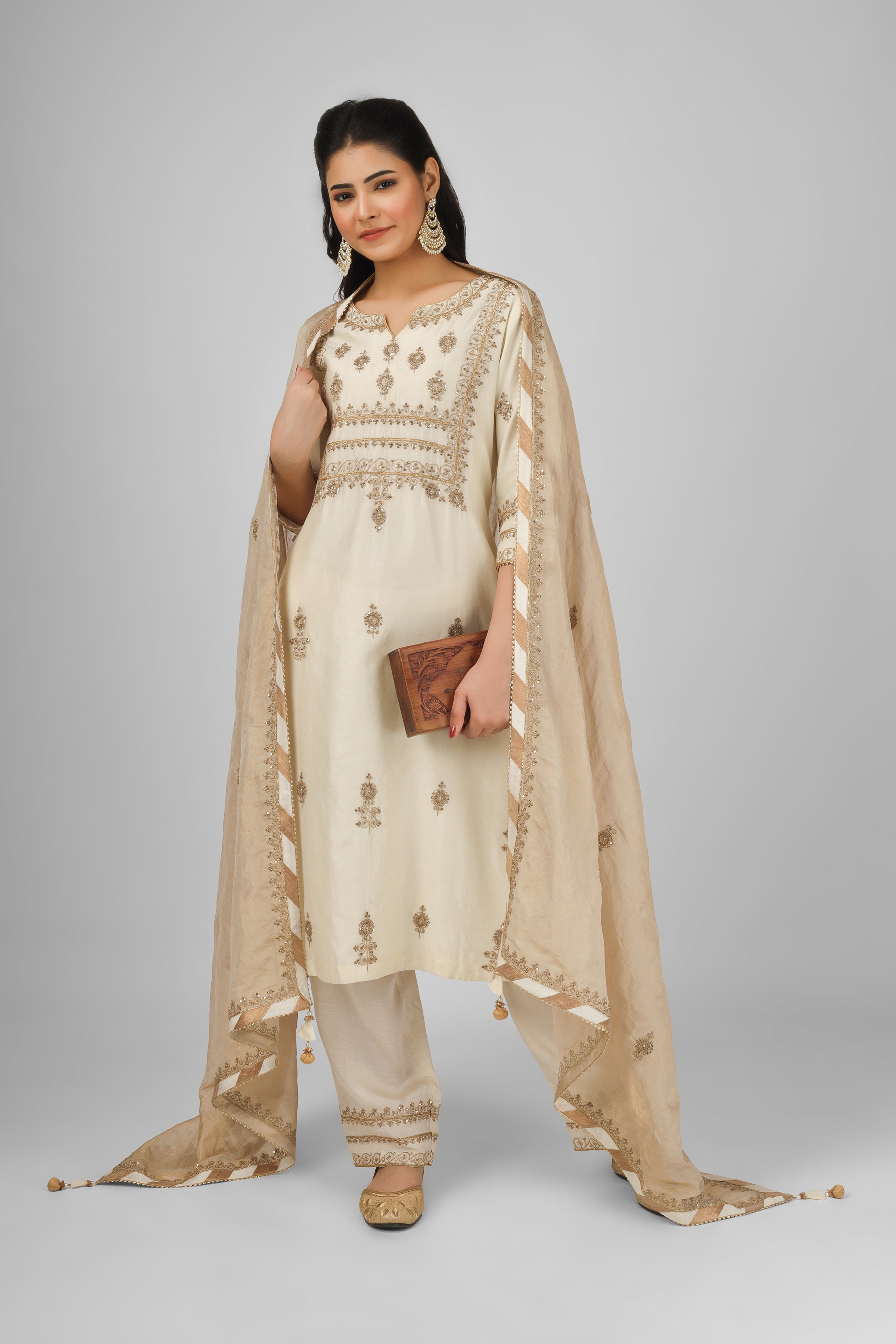 Off white embroidered silk chanderi kurta suit set