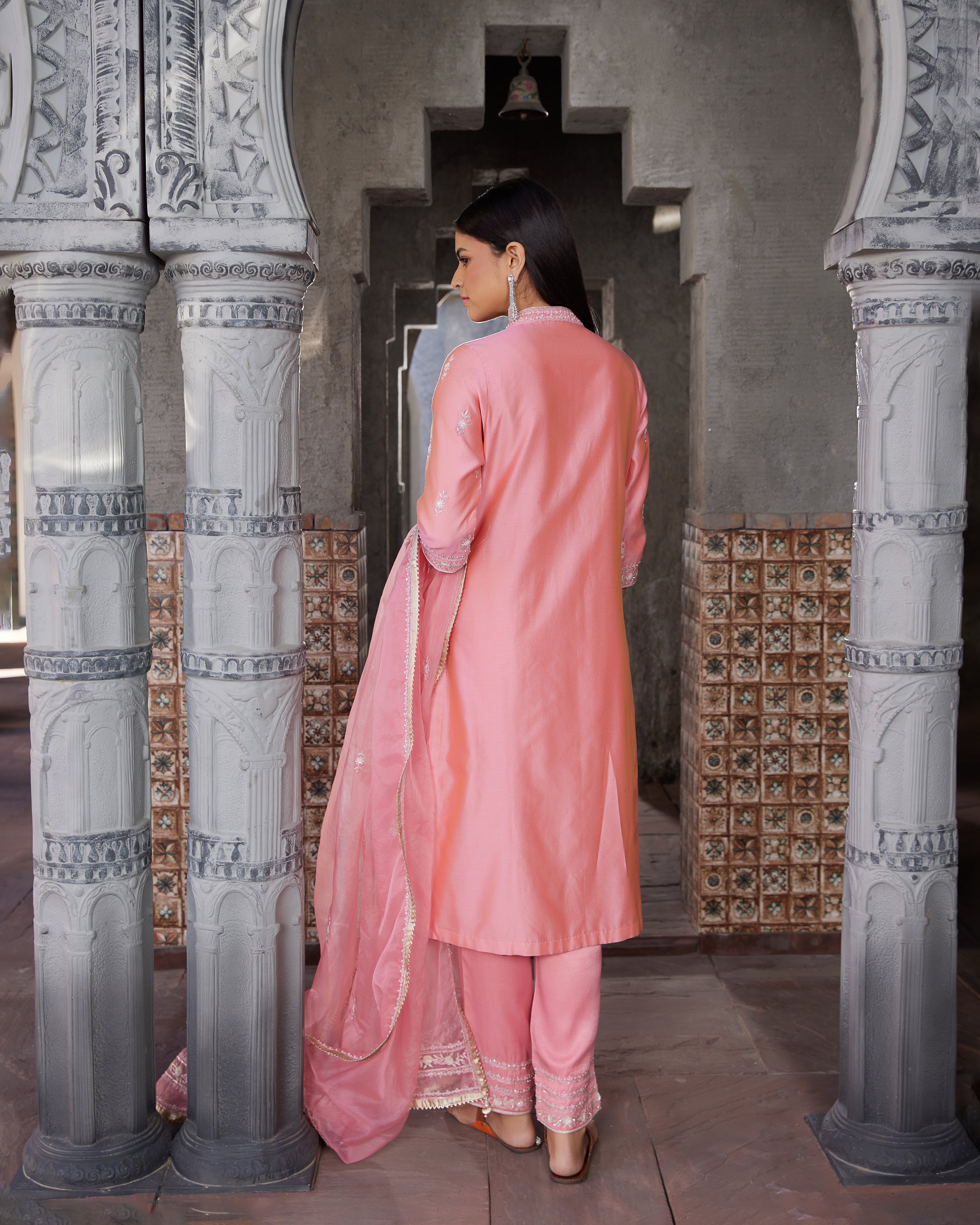Pink Embroidered Chanderi Suit Set