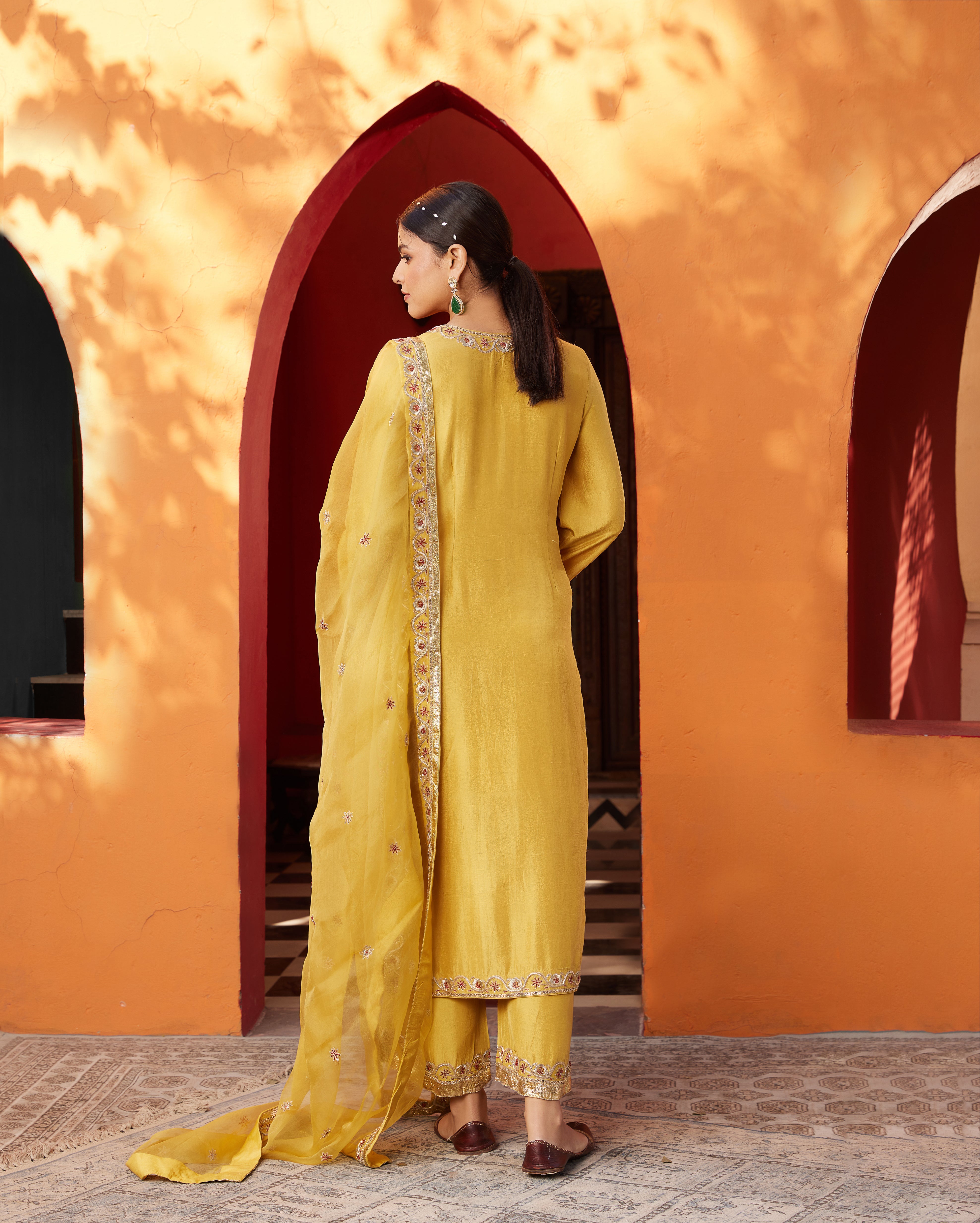 Mustard embroidered silk crepe kurta suit set