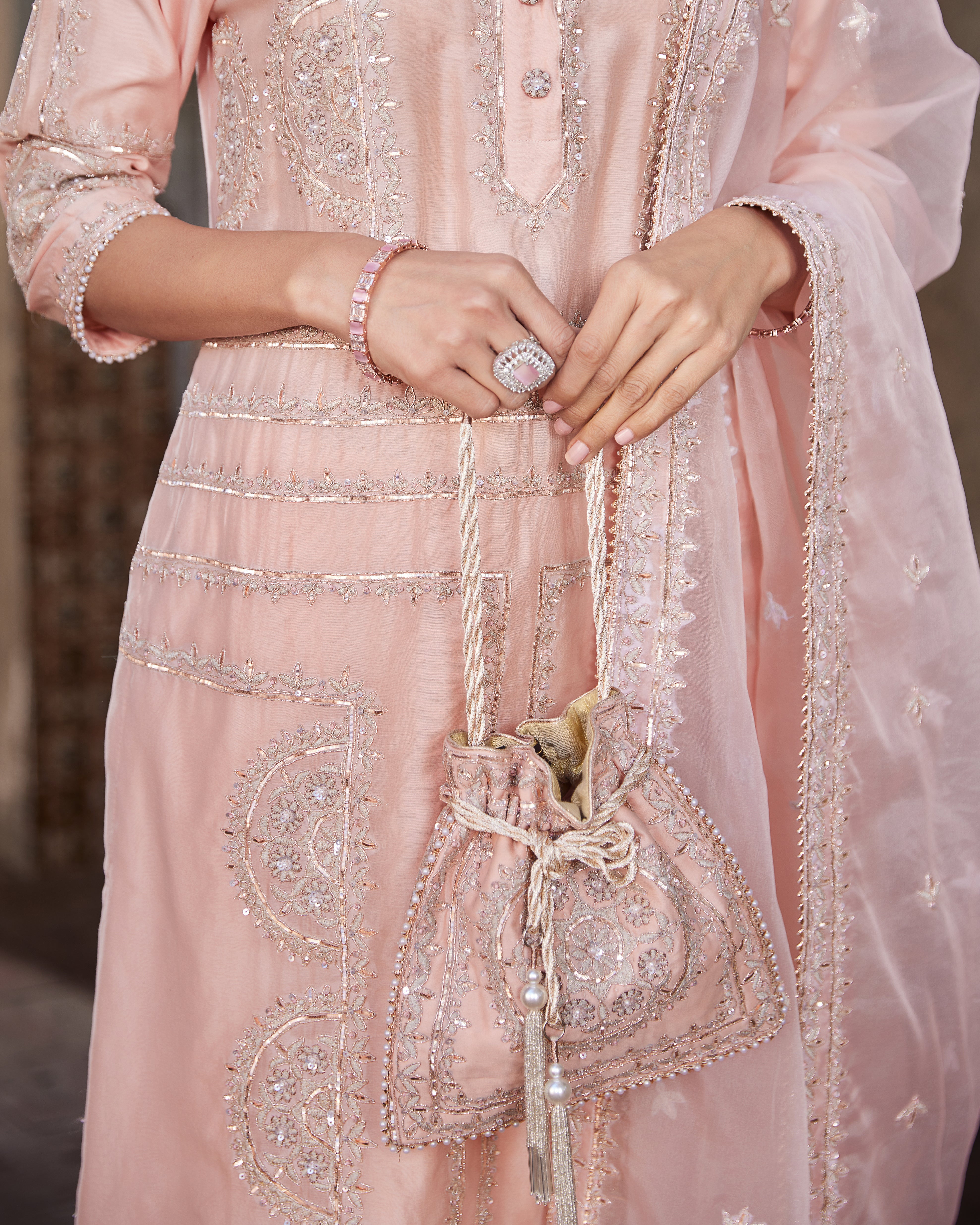 Peach embroidered chanderi suit set