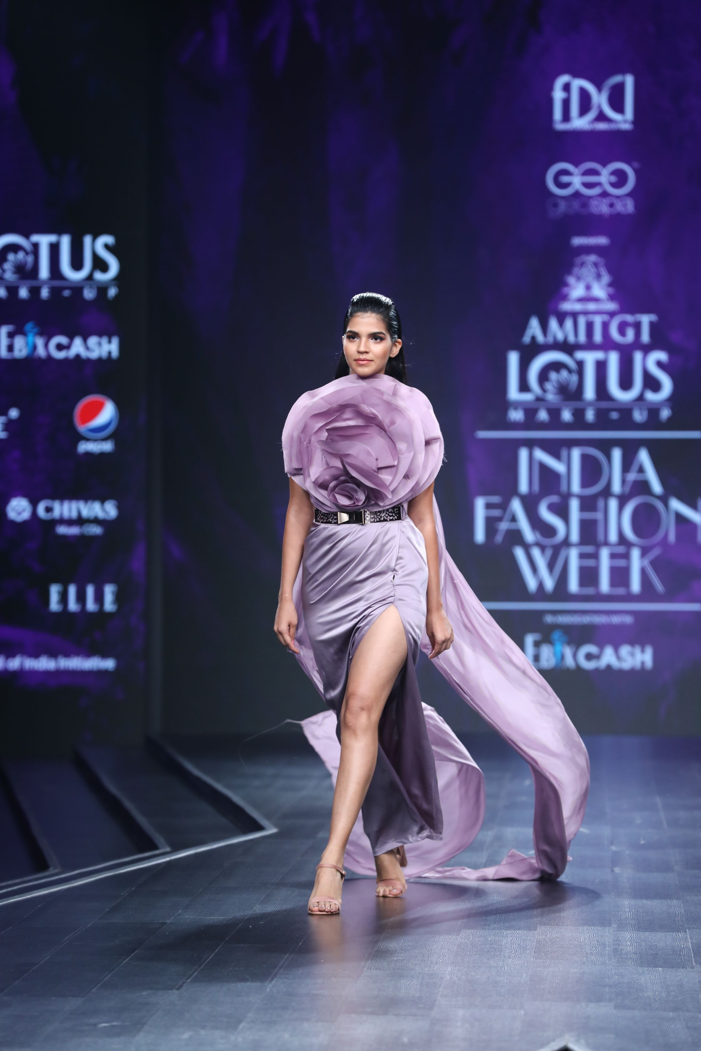 Amit GT - Lavender  pillar gown with floral drape 