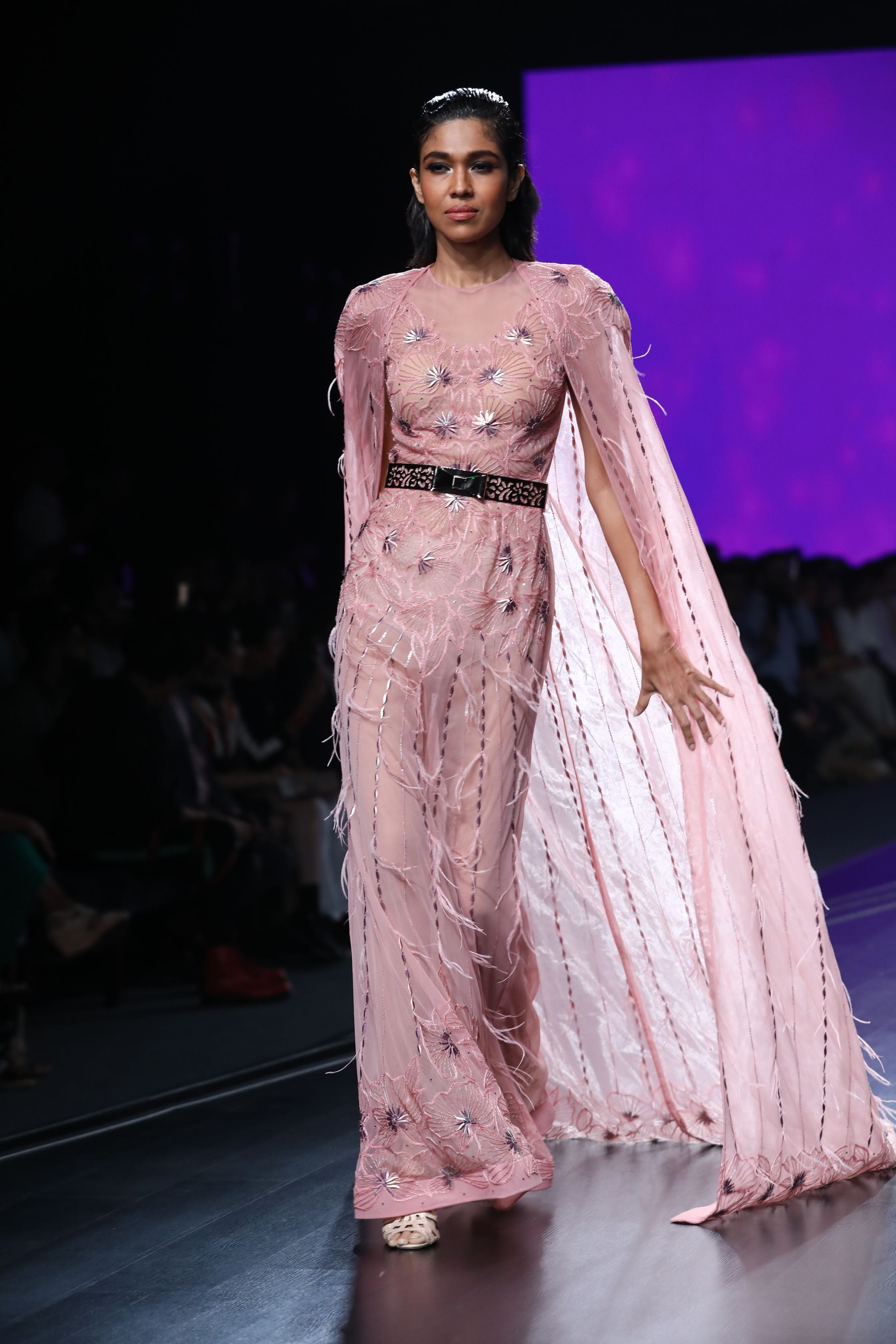 Amit GT - Light pink cape gown with foiled flowers 
