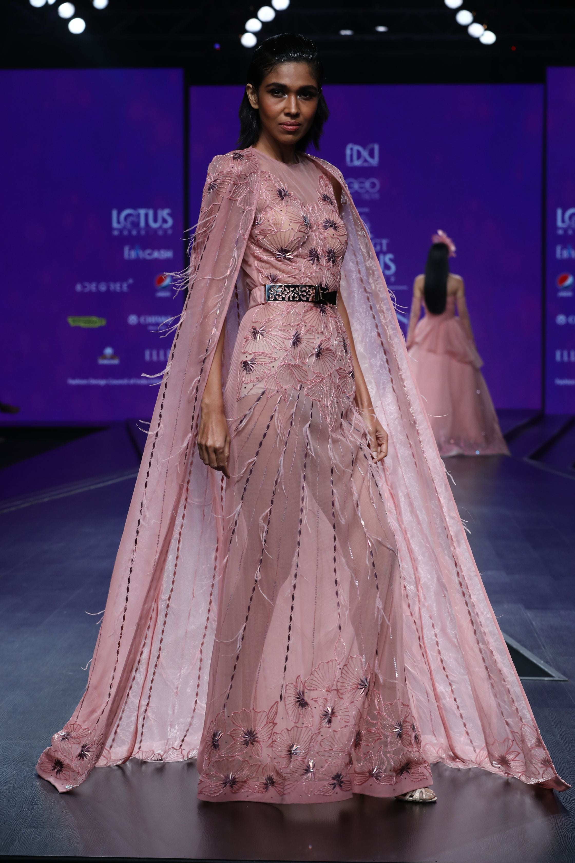 Amit GT - Light pink cape gown with foiled flowers 