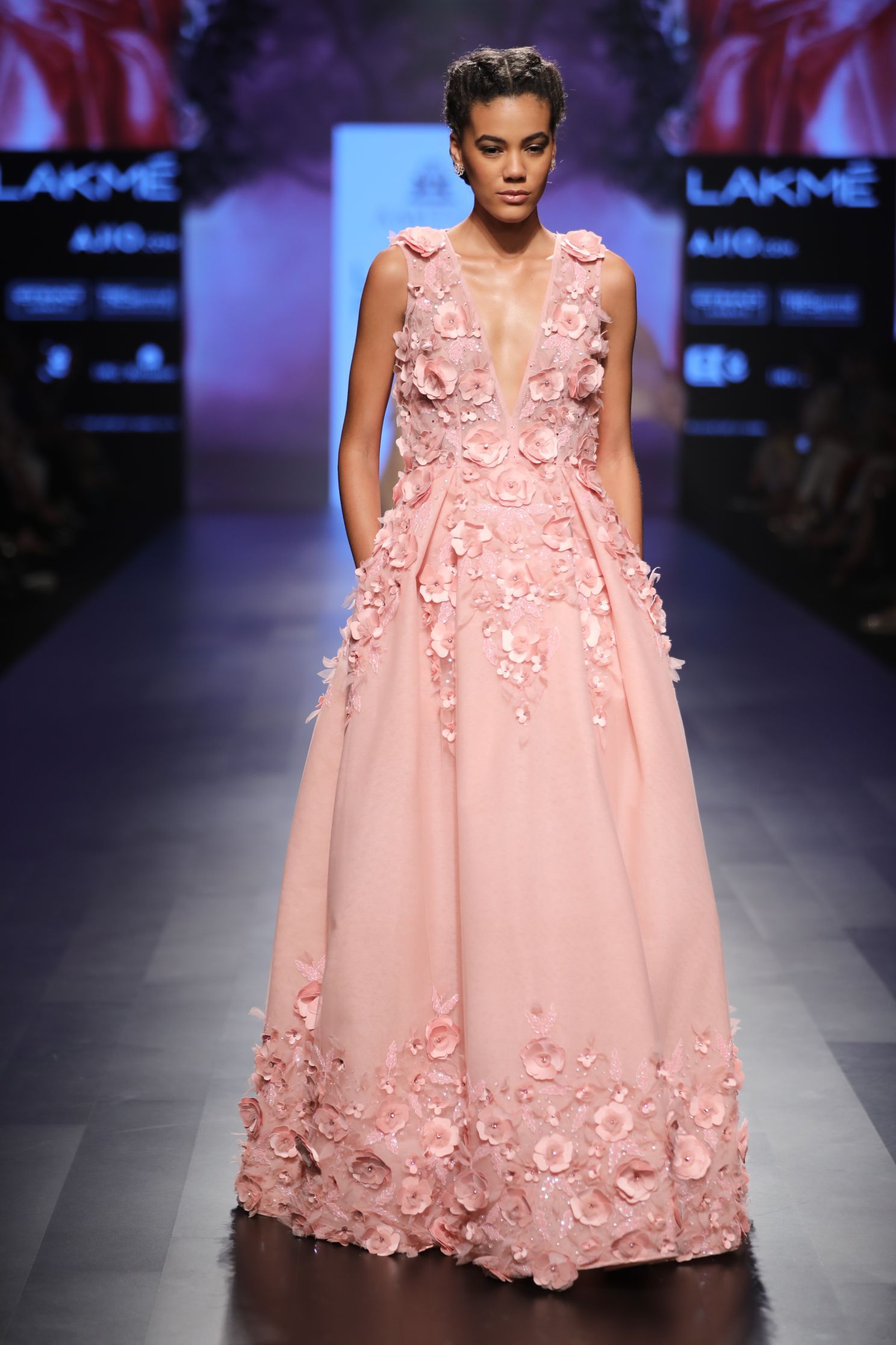 Amit GT - Pink ball gown with 3d flowers