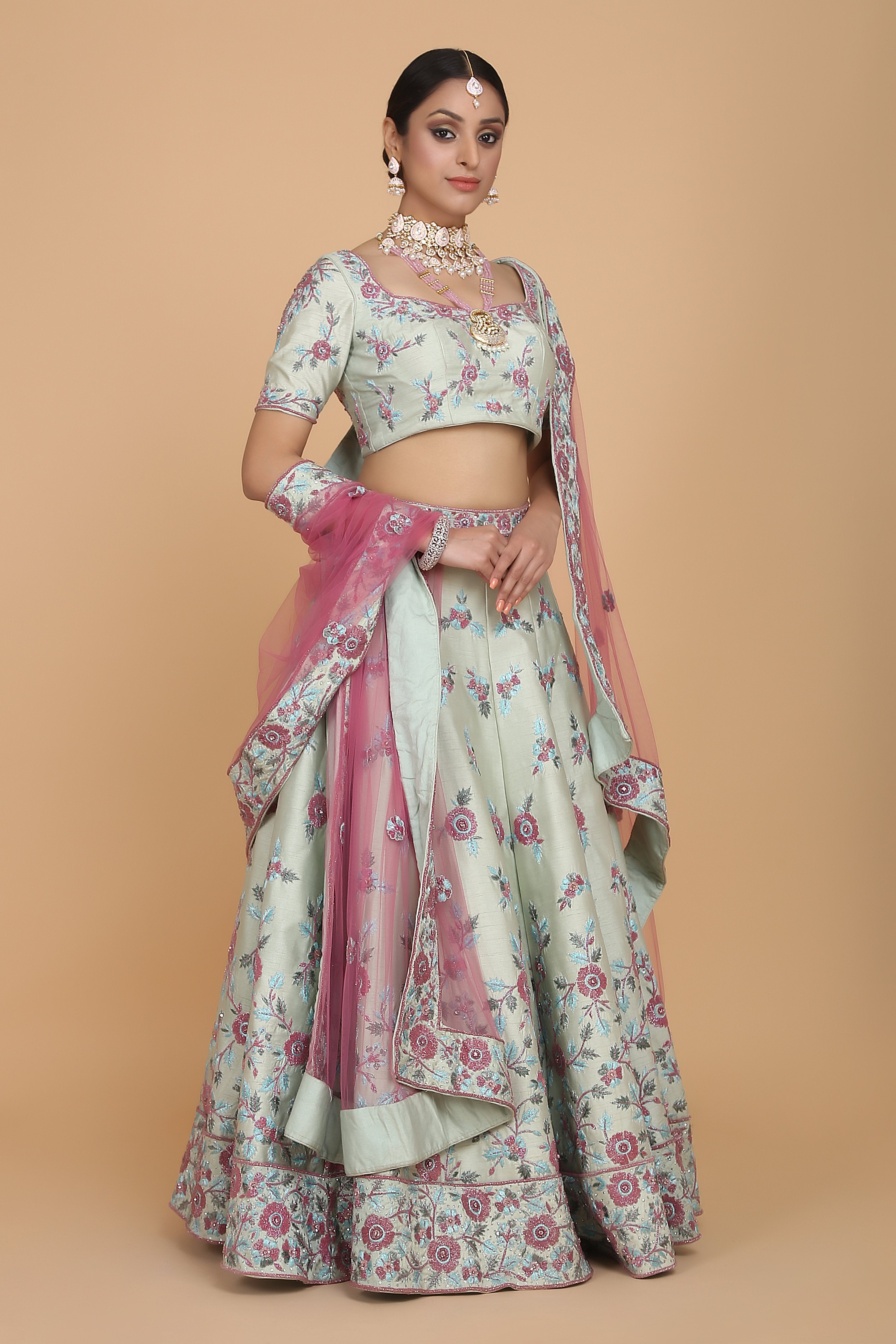 Amit GT - River Blooms - Sea Green Floral Embroidered Lehenga Set