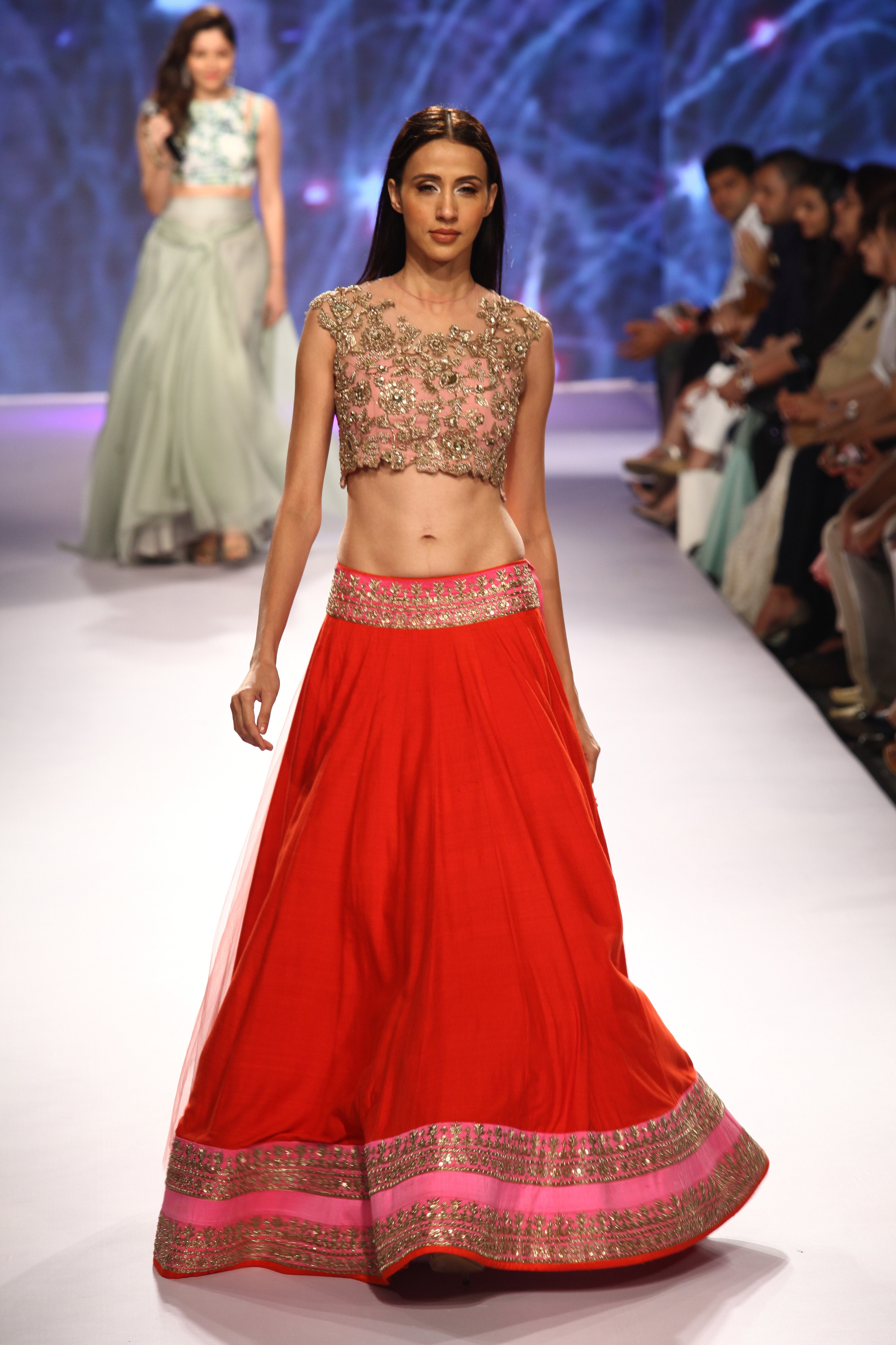 Anushree Reddy - Pink Blouse with Red Lehenga and Pink Net Dupatta
