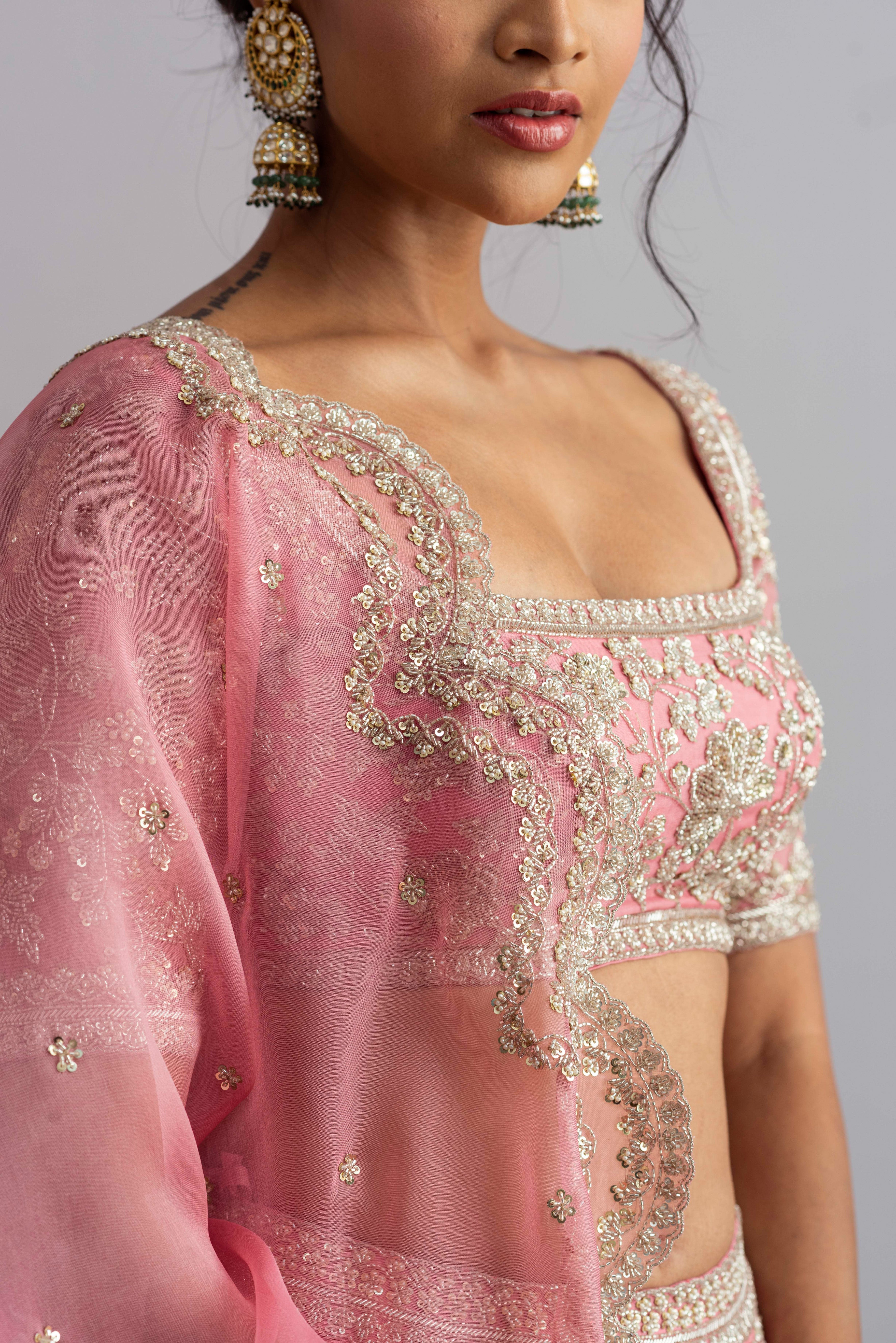 Anushree Reddy - Noor - Flamingo Pink Embroidered Scallop Lehenga Set