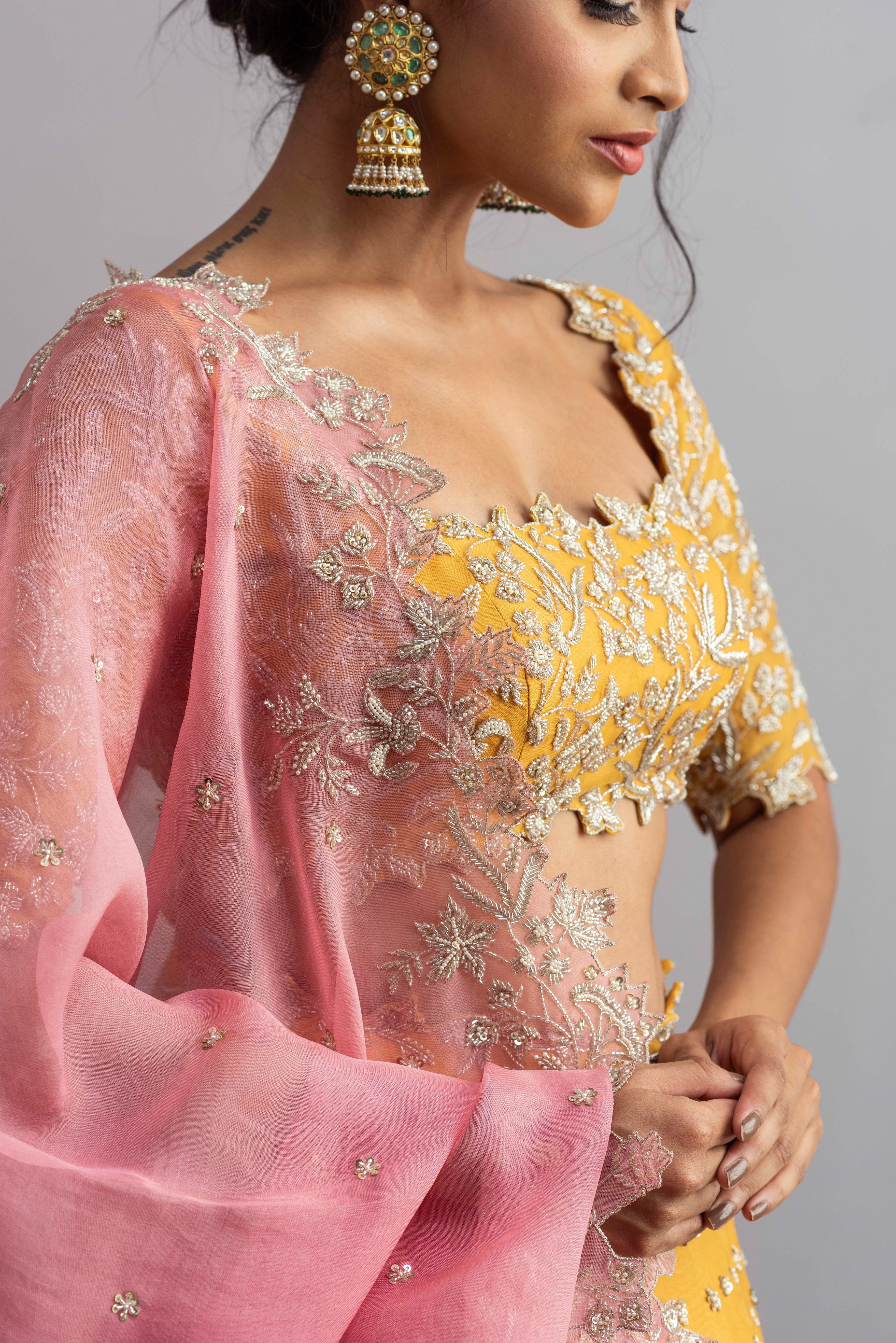 Anushree Reddy - Nisf - Mustard Embroidered Lehenga Set