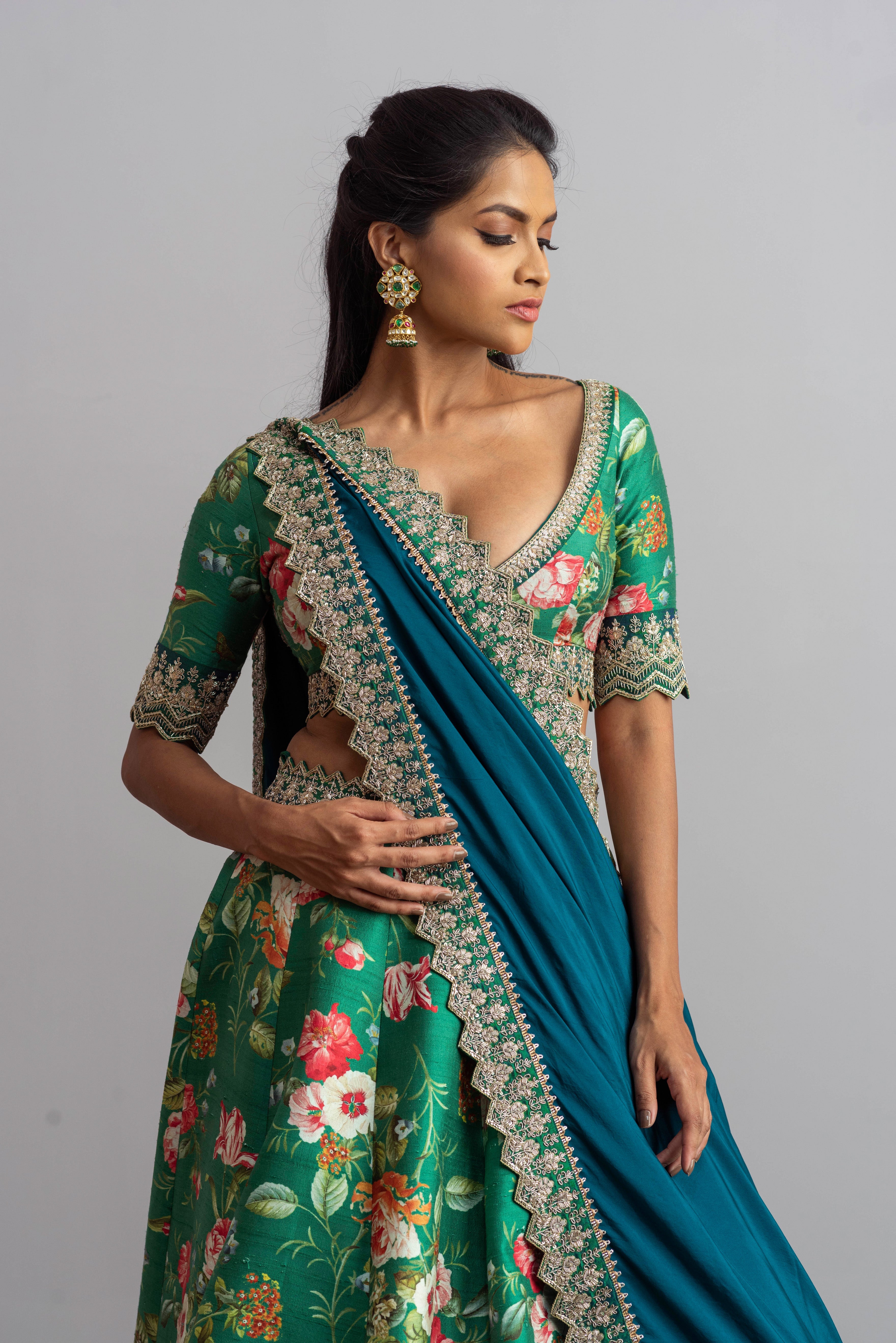 Anushree Reddy - Bebak - Emerald Green Embroidered Printed Lehenga Set