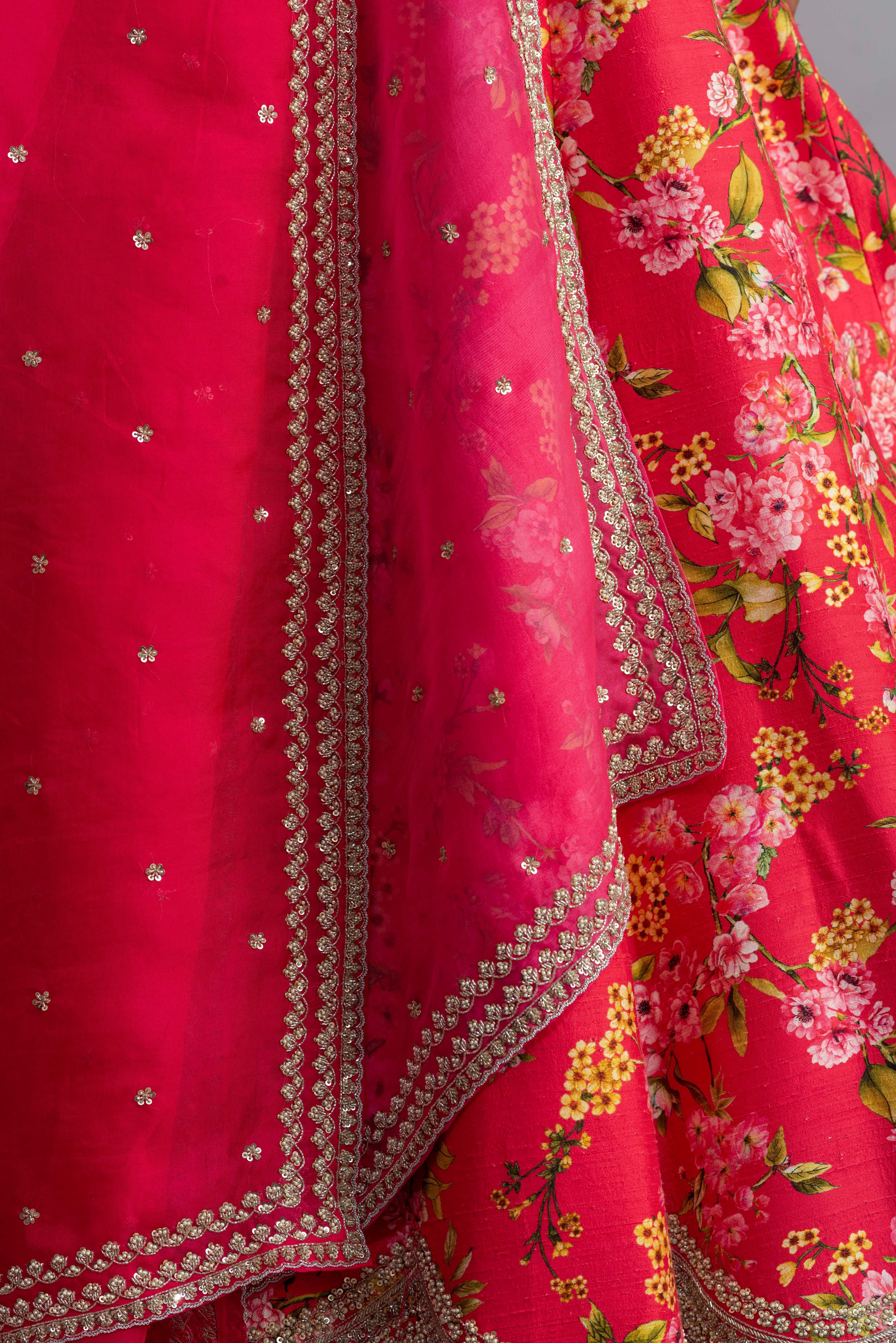 Anushree Reddy - Hayaat - Cherry Red Embroidered Printed Lehenga Set