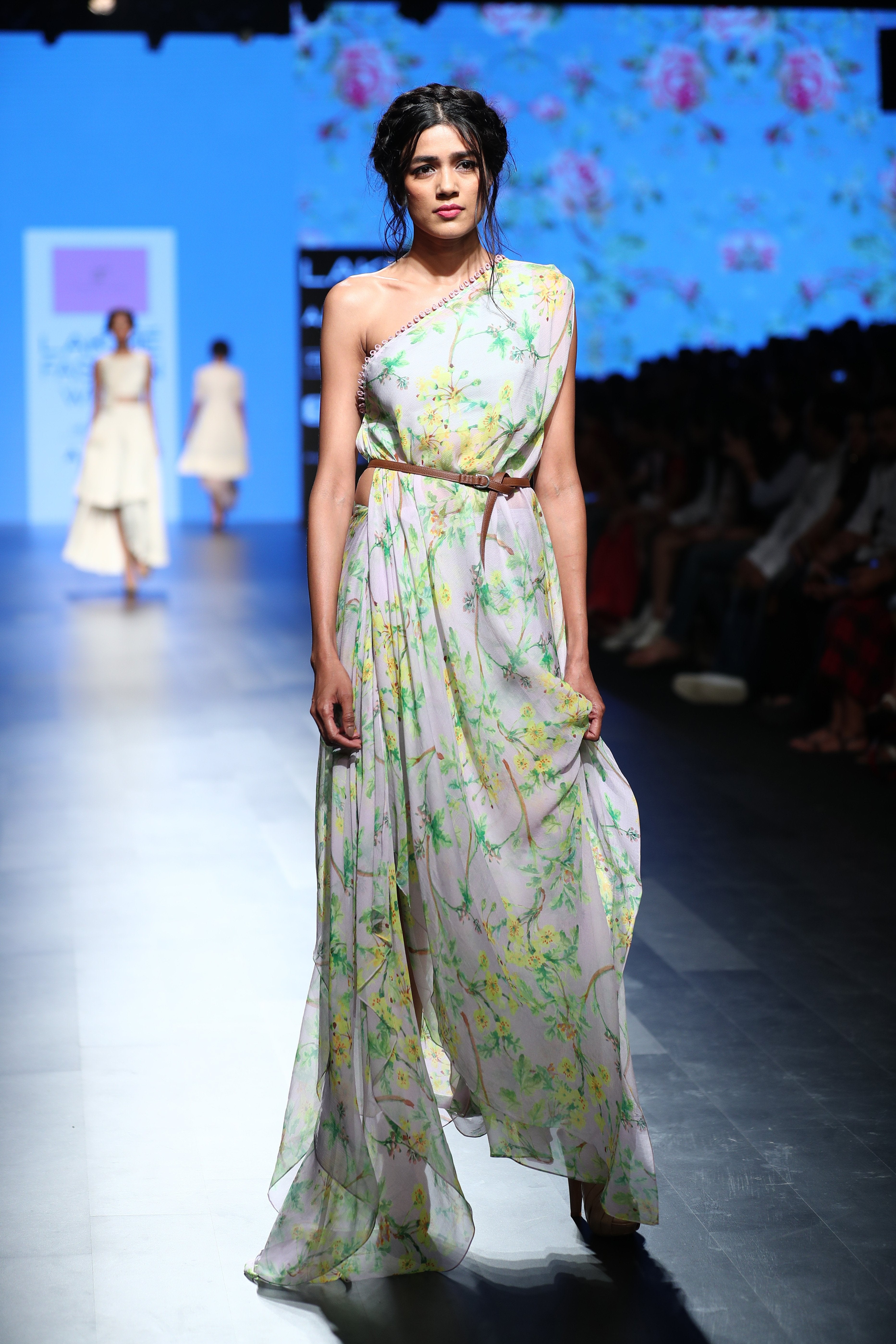Anushree Reddy - Blue floral off-shoulder drape dress