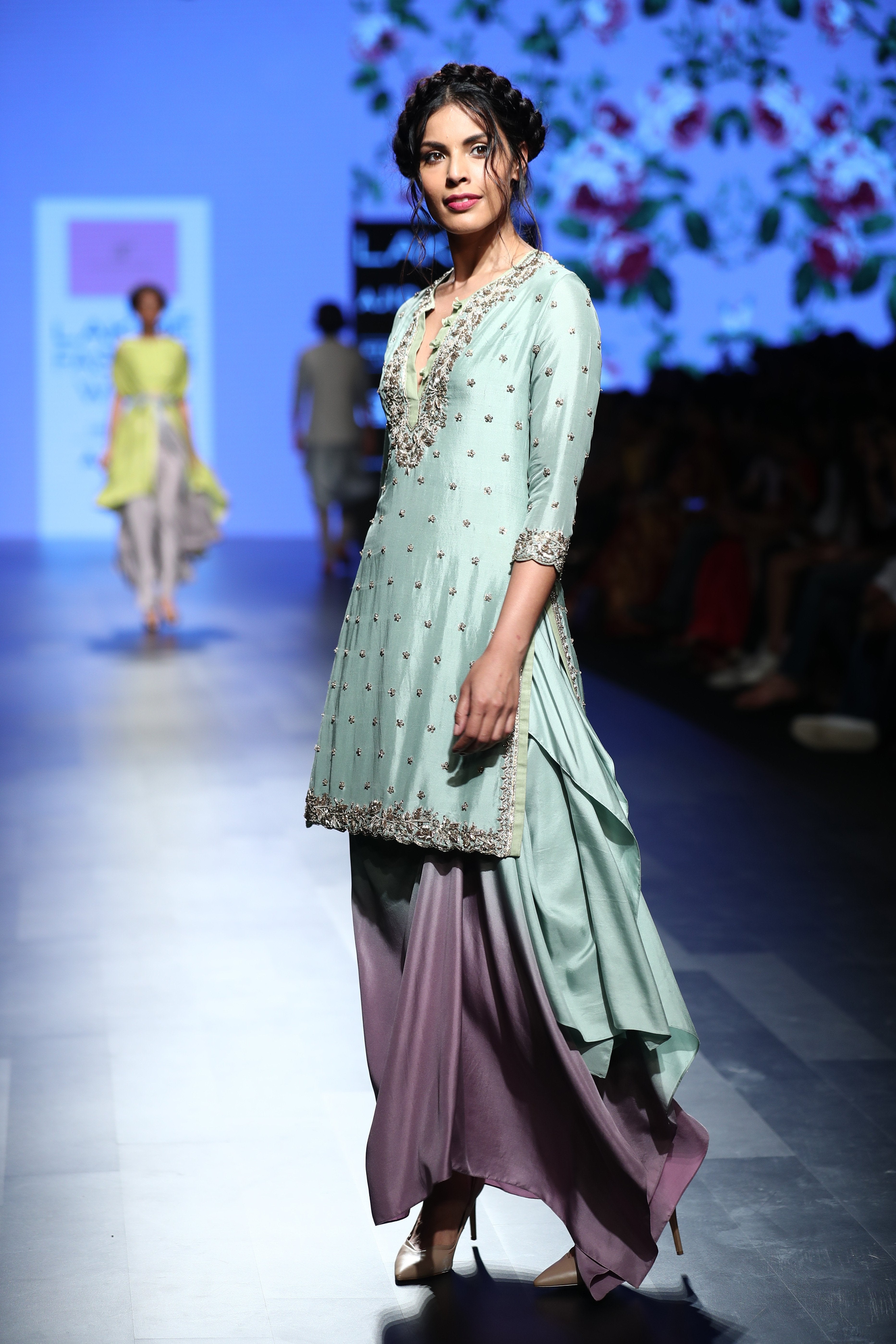 Anushree Reddy - Mint green silk kurta with shaded draped skirt