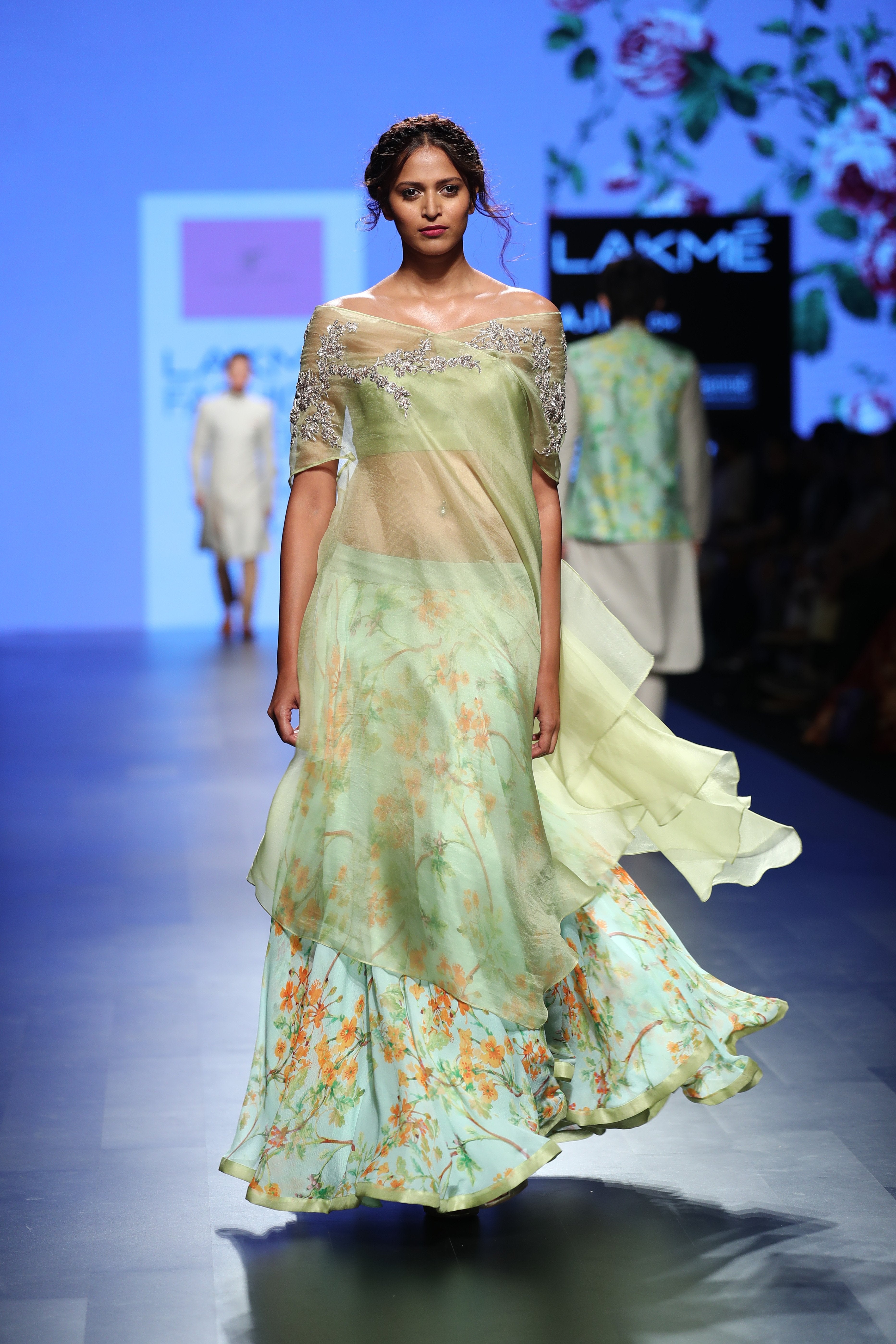 Anushree Reddy - Sea green floral skirt with embroidered cape and bustier