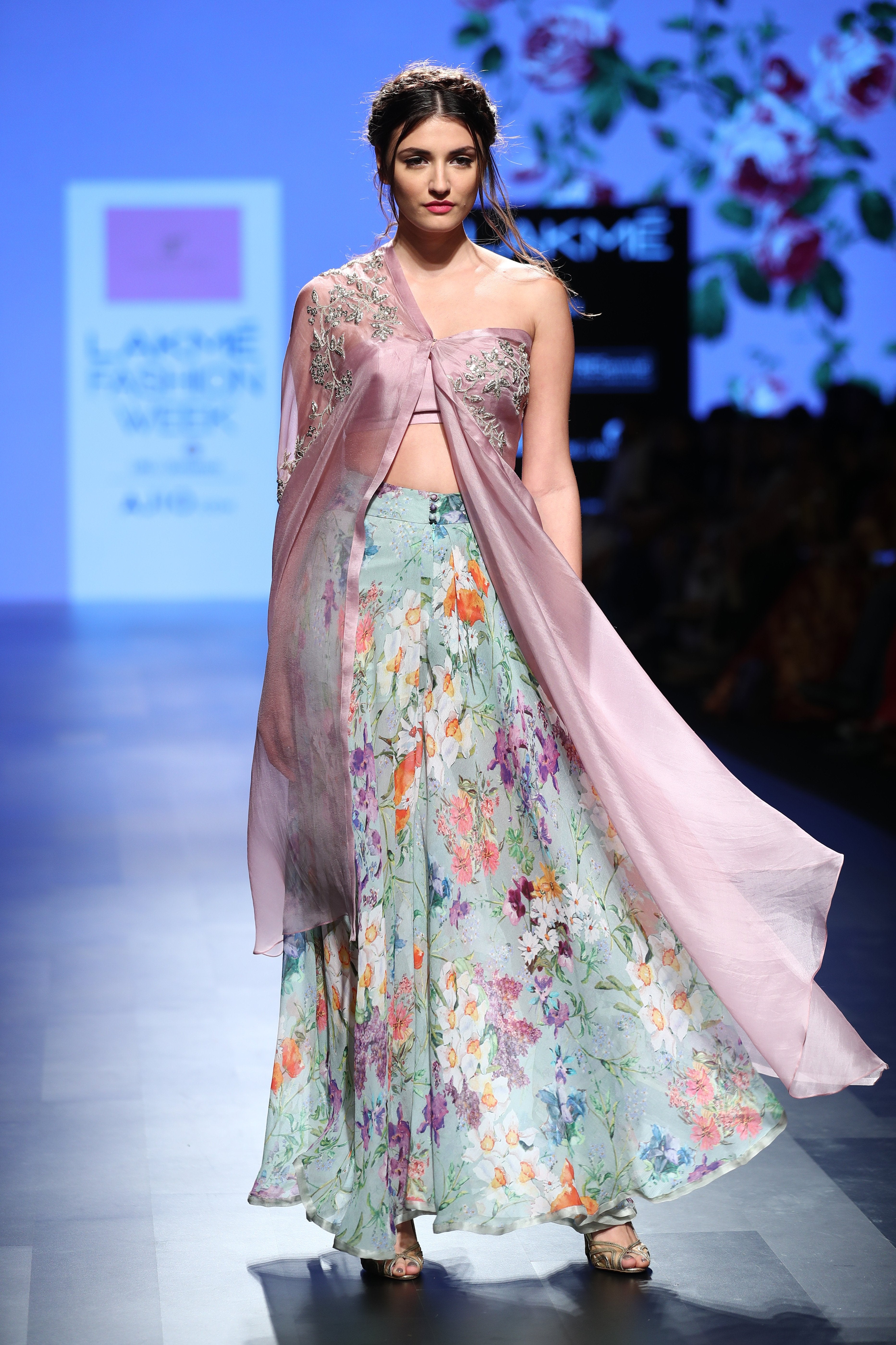 Anushree Reddy - Blue chiffon floral pants with lavender embroidered cape