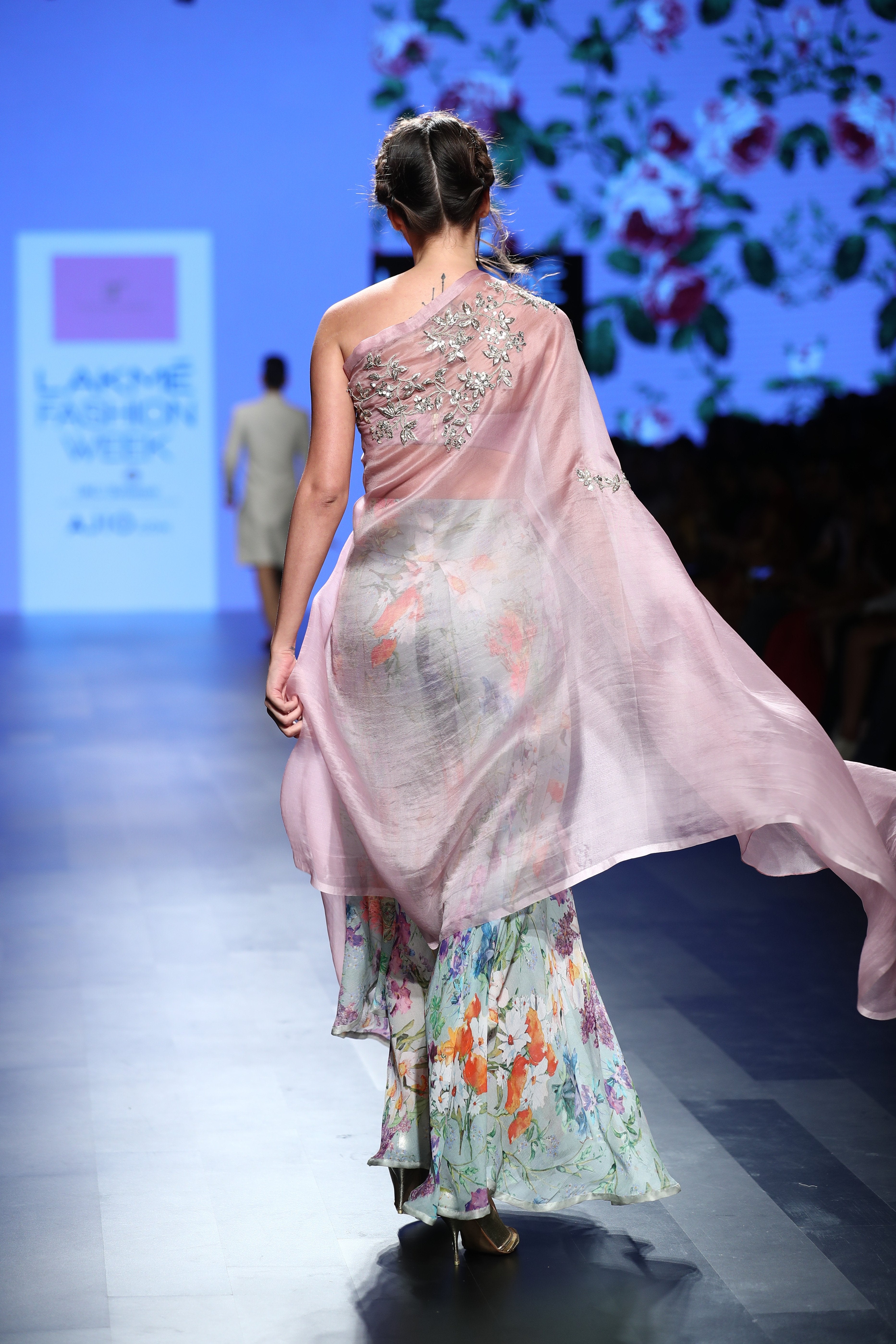 Anushree Reddy - Blue chiffon floral pants with lavender embroidered cape