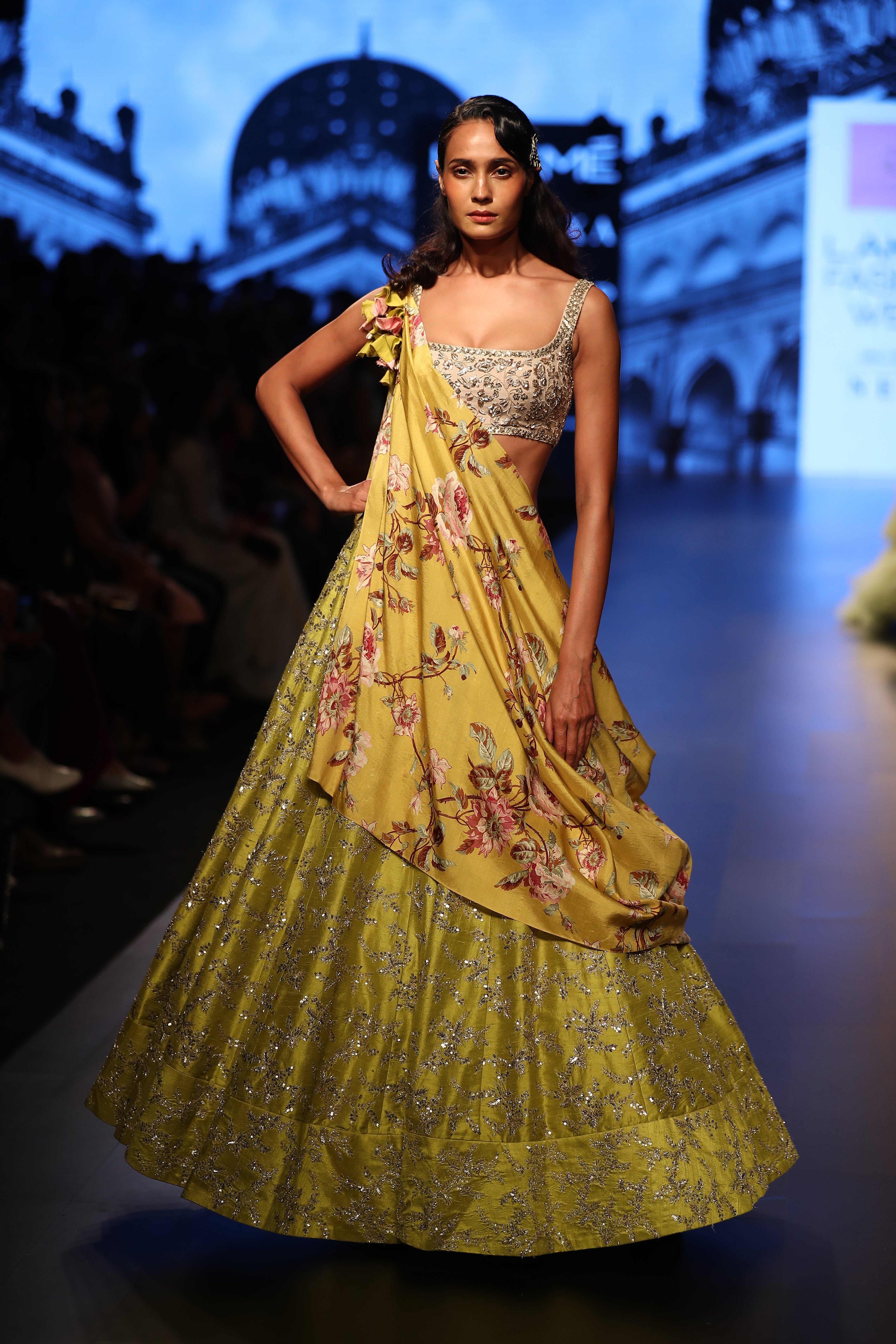 Anushree Reddy - Embroidered yellow lehenga with a floral dupatta