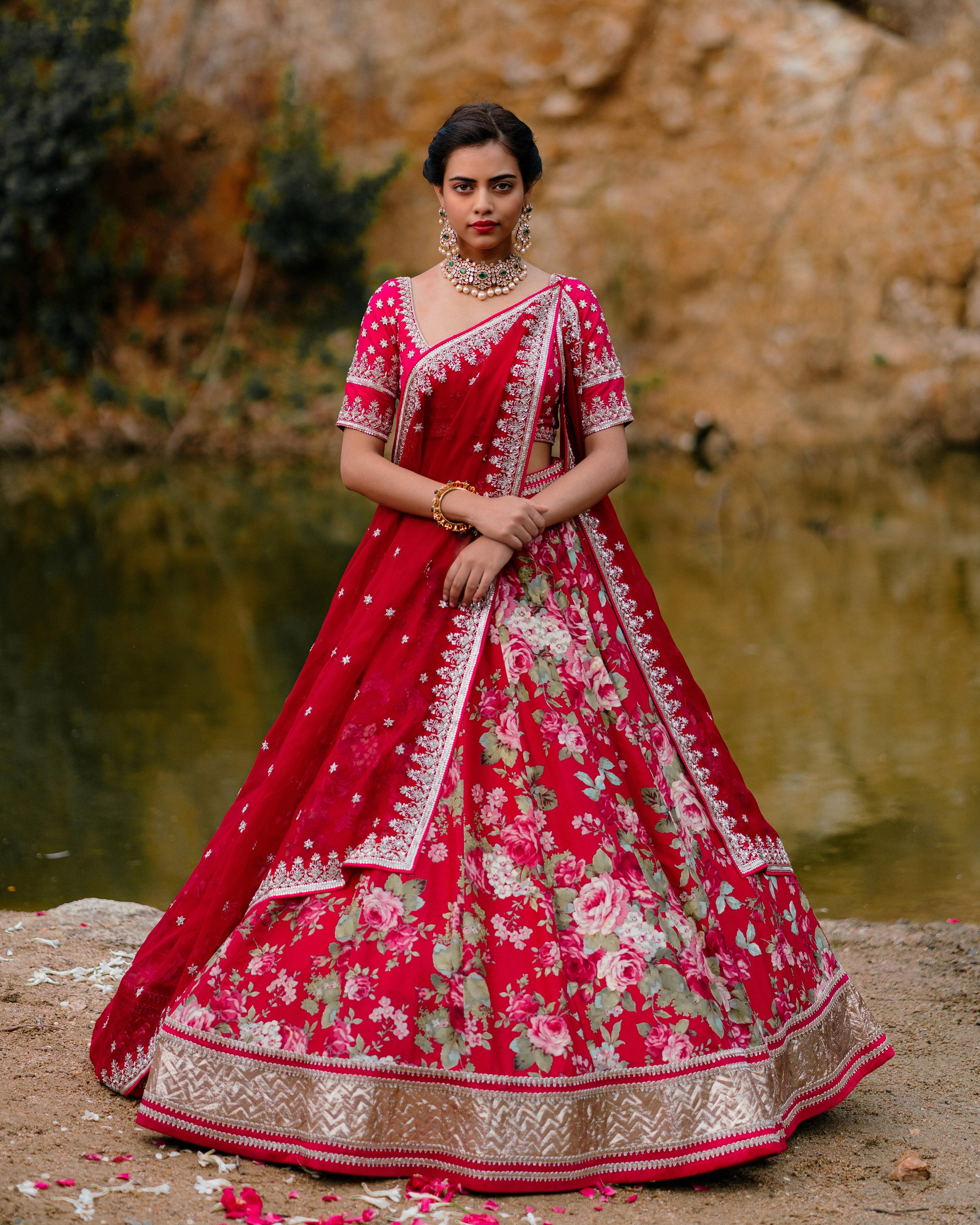Anushree Reddy - Vermillion Red Chanderi Silk Printed Lehenga Set