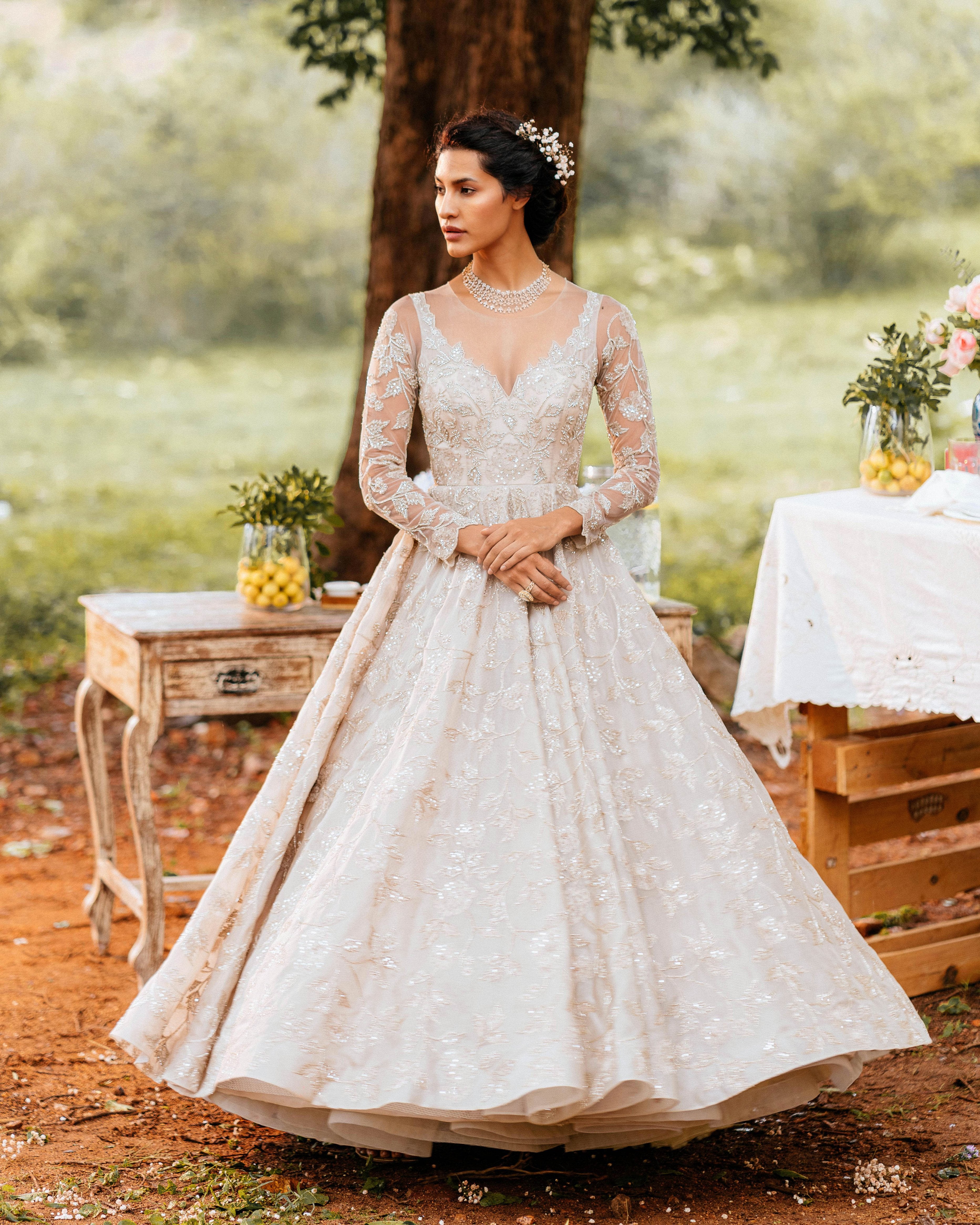 Anushree Reddy - Embroidered Full Sleeves Nude Gown