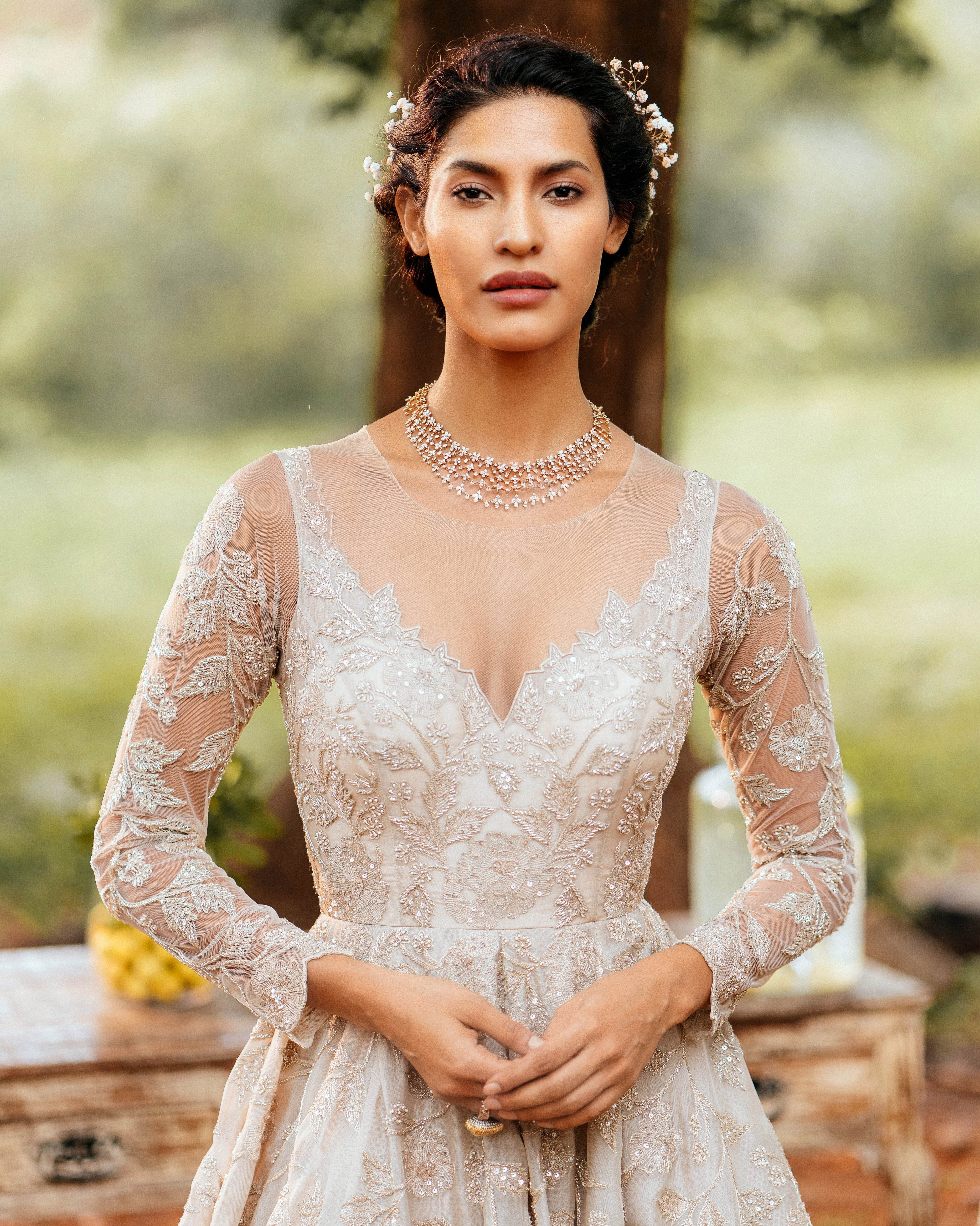 Anushree Reddy - Embroidered Full Sleeves Nude Gown