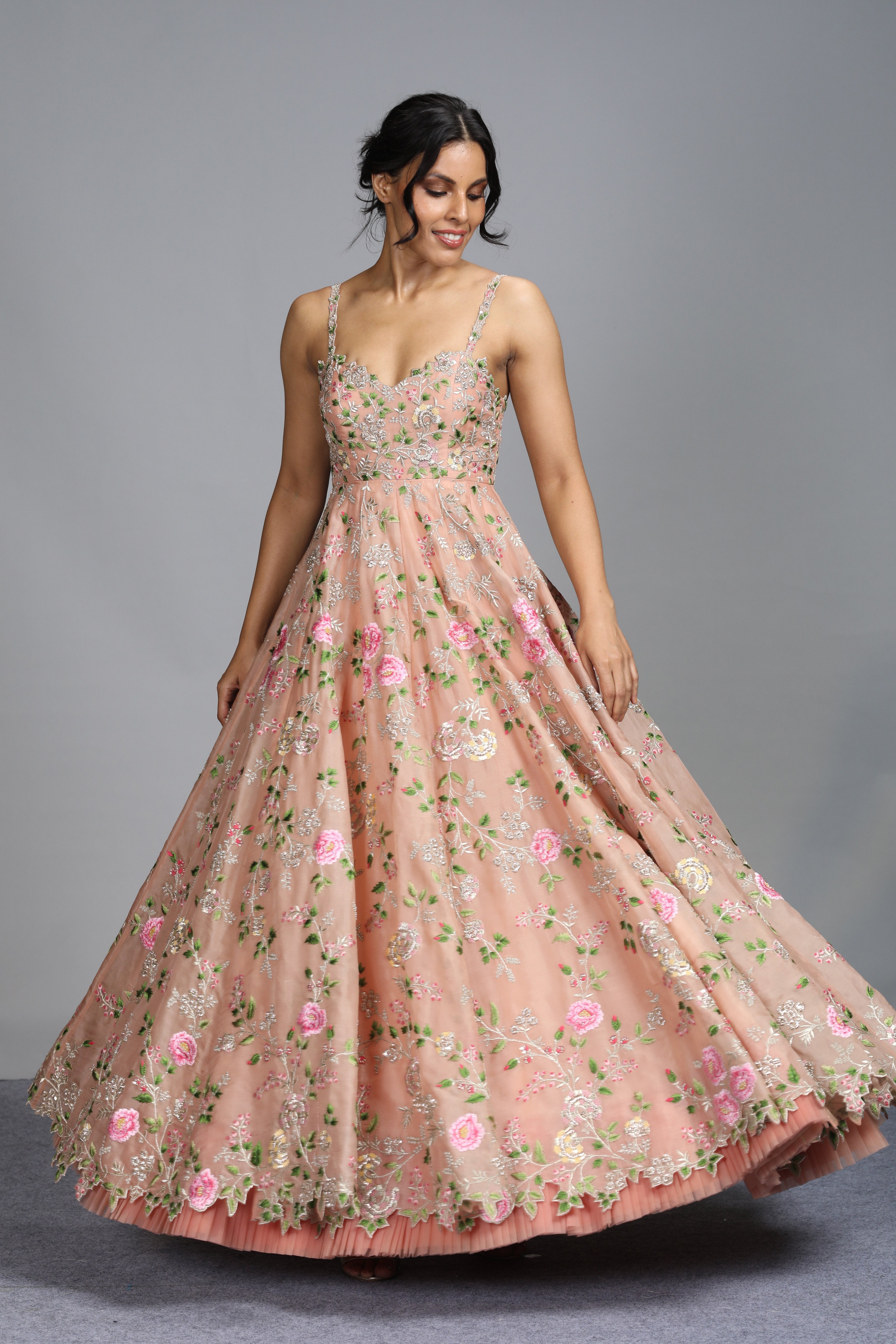 Anushree Reddy - Rooh Gulab - Blush Pink Organza Floral Embroidered Gown